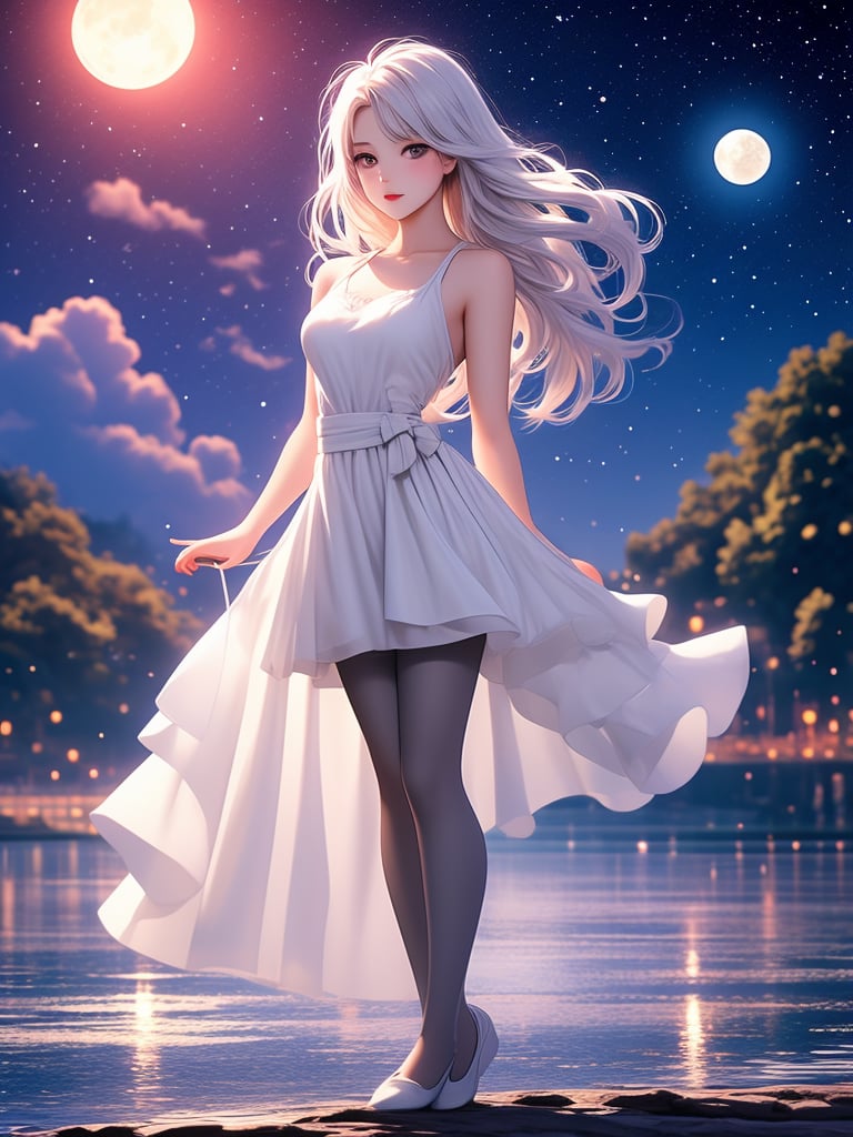 masterpiece, best quality, 1girl, full body,white hair,long hair,purple eyes, slim body,slim legs,playing violin,white dress,night,moon,shootig star,cloud,lakeshore,((40d grey pantyhose)),grey pantyhose,pantyhose, 