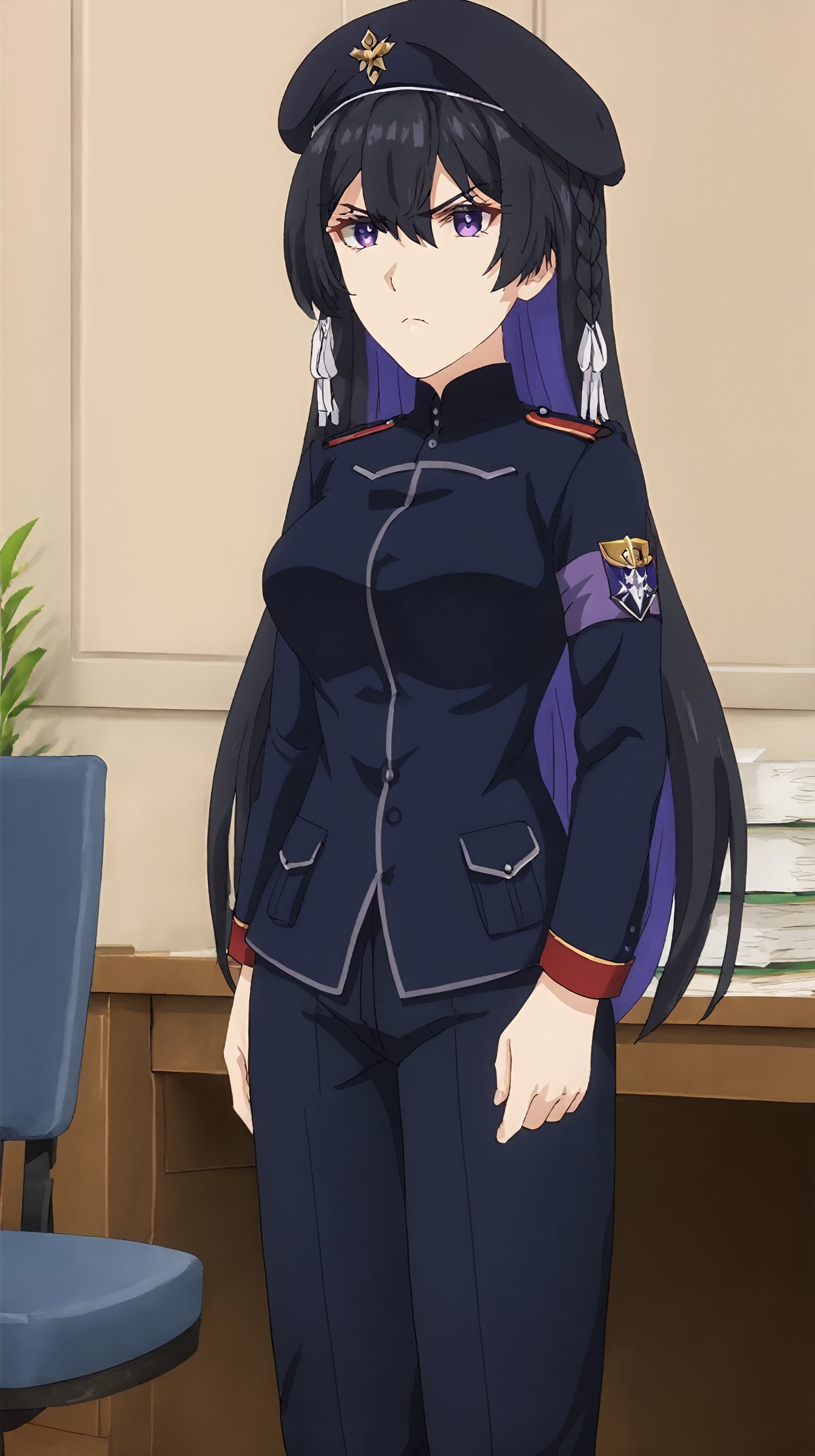 <lora:tinasha.pony.v3:0.85> score_9, score_8_up, score_7_up, tinashapurple eyes, 1girl,solo,standing,stern look, serious,blue uniform,military uniform, beret, military hat,badge, emblem, insignia,pants,indoors, office, 