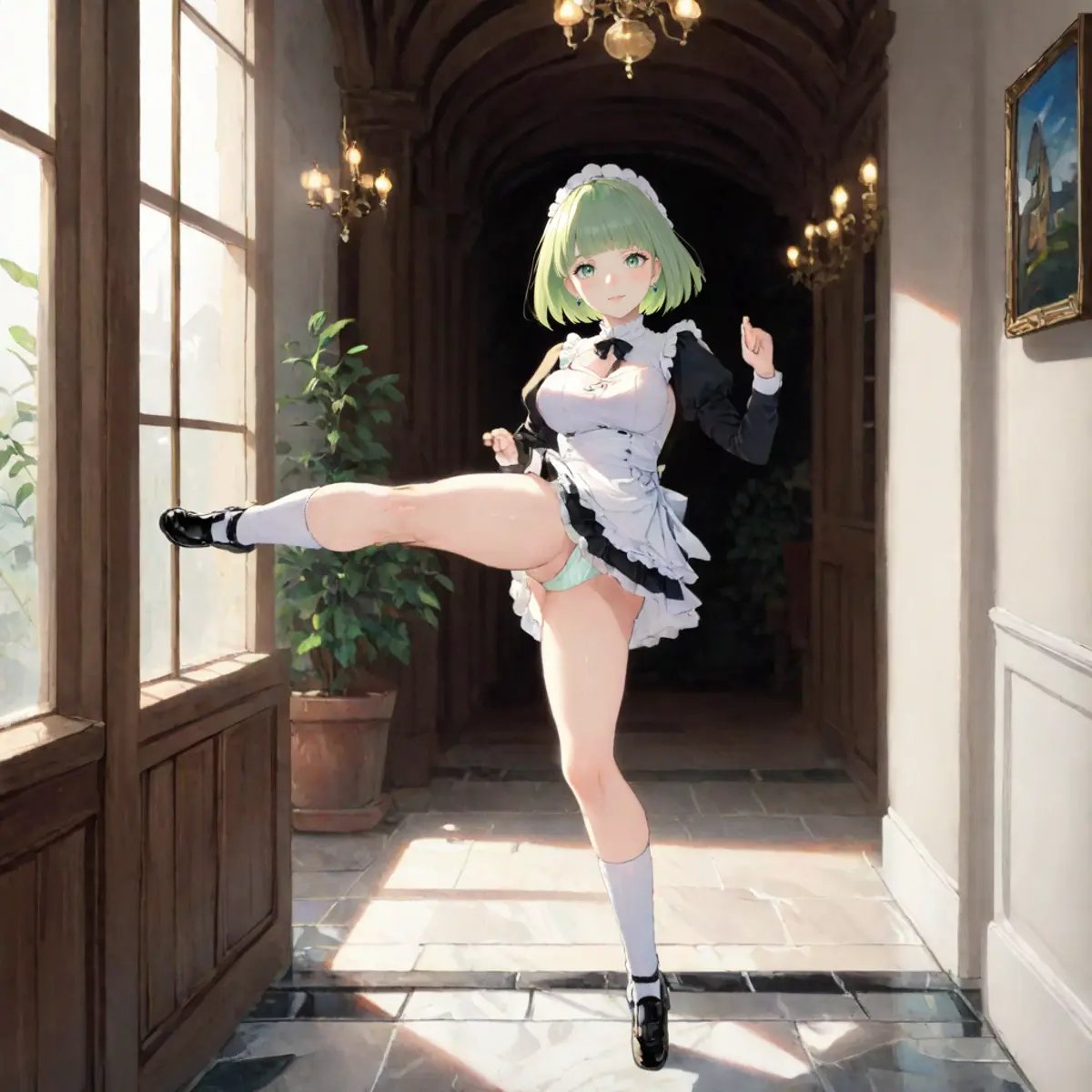 (raytracing, HDR, Victorian:1.4)BREAK maid outfit, short skirt with lace hemline, Mary Janes, ruffled socks, marble floor, potted plants, chandeliers, window, door, gold furnitureBREAK light green hair, green eyes, bob cut with blunt bangsBREAK (from side, jumping, flying kick, full body:1.2) <lora:STFD_V2:1>