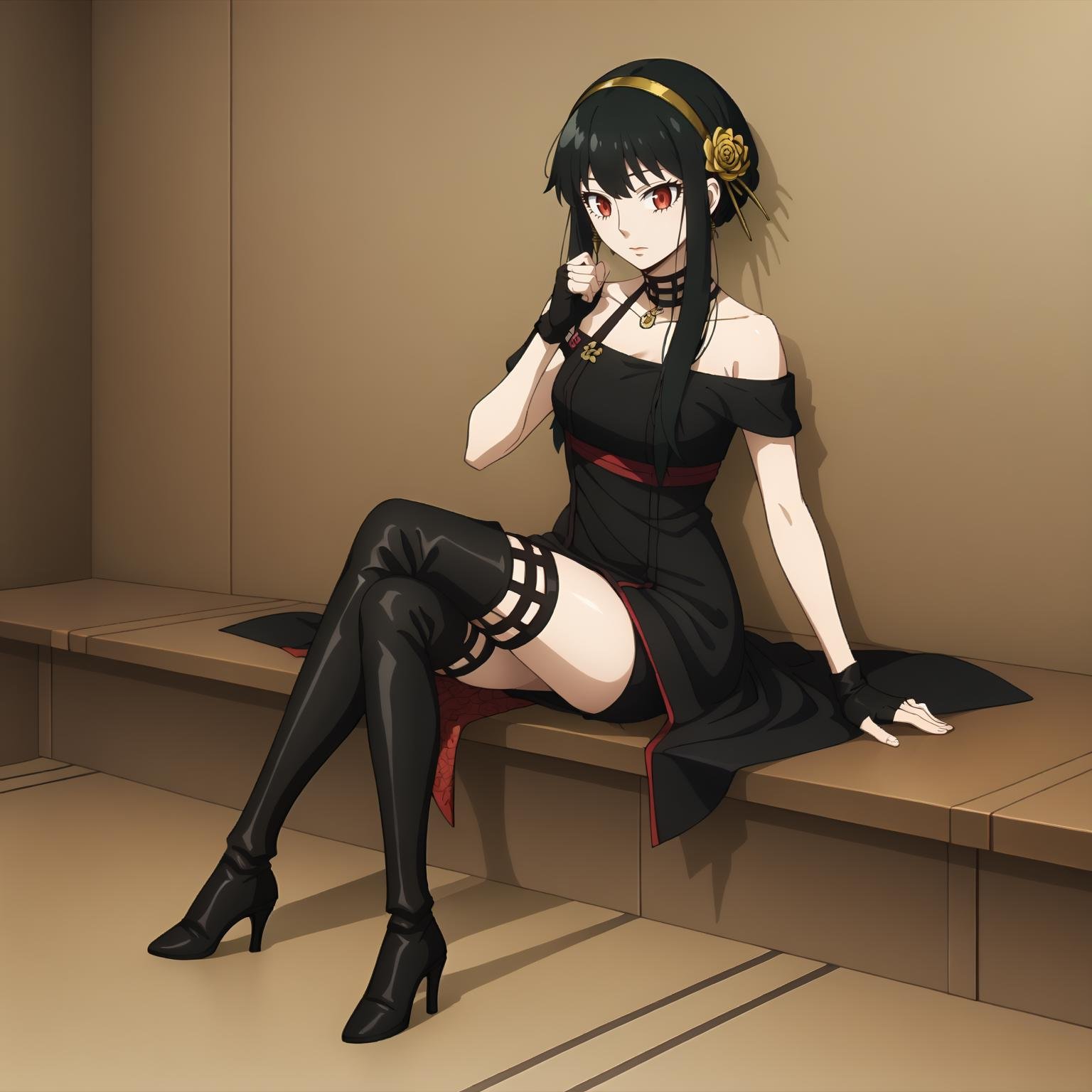 <lora:YorForgerXLpony004>,solo,YorForger,1girl,black hair,red eyes,short hair with long locks,gold hairband,hair flower,black choker,black dress,sleeveless,off shoulder,floral_print,fingerless gloves,black footwear,thigh high heel boots,full body,sitting,