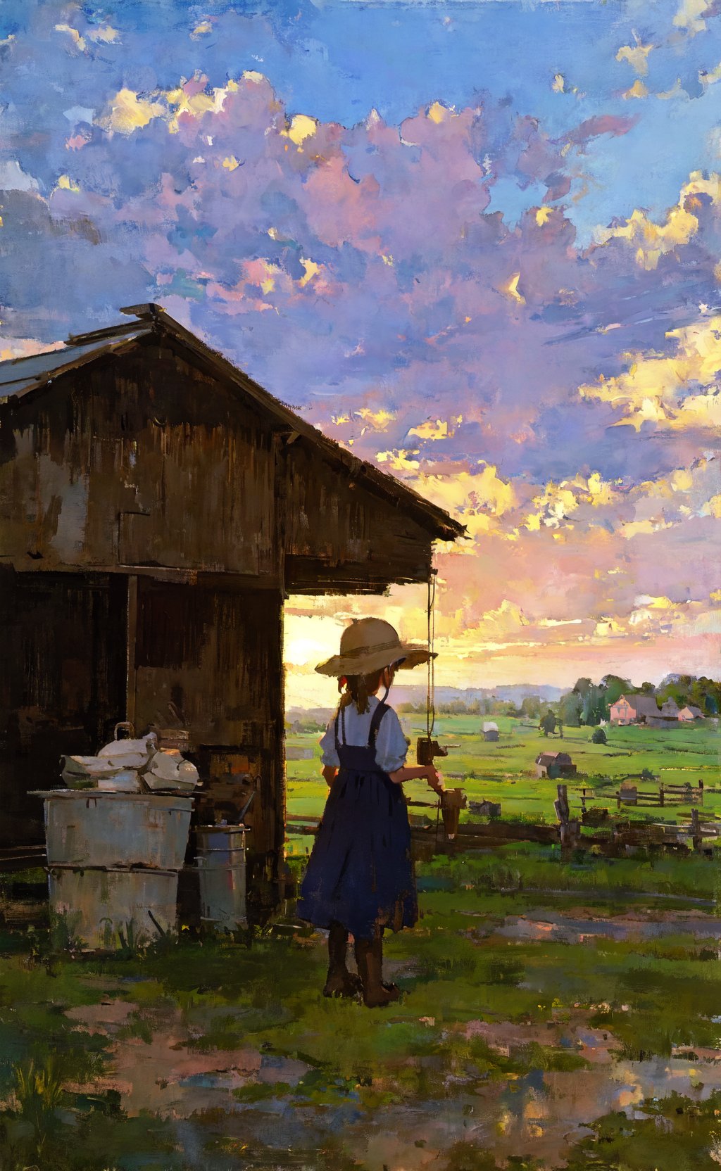 little girl working hard at a farm, (painterly, cinematic, atmospheric perspective)