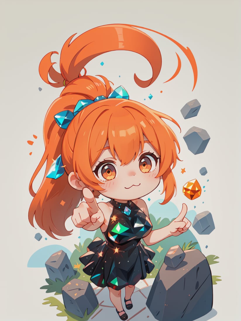 8k, masterpiece, highly detailed, high quality,1girl wearing a black (crystalline dress), <lora:crystalline_dress-SD-2.0:1>orange hair Ponytail,white eyes,large breasts,simple background,from above,pointing at something in the distance,(rocks), (crystals), (gems), (treasure), (chibi), cute, \:\3