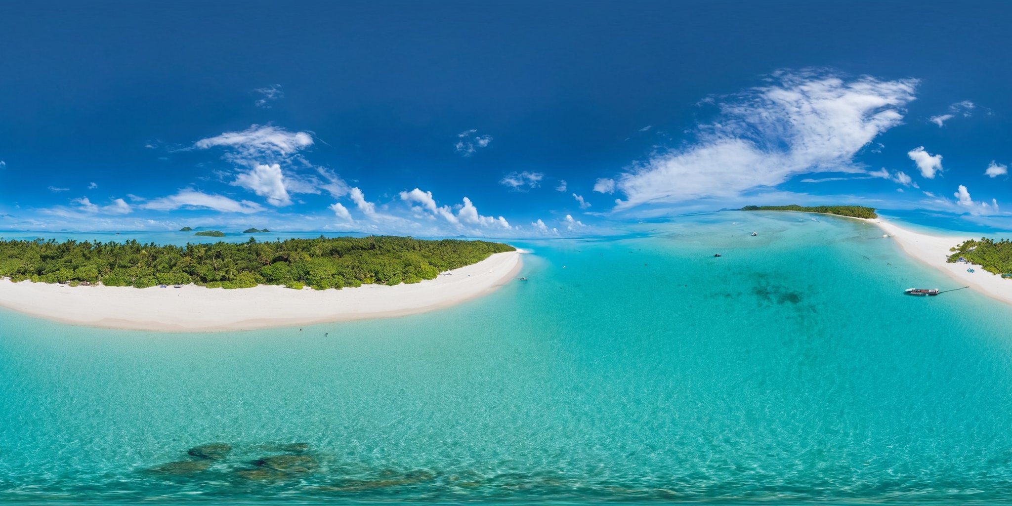 <lora:HMSG航拍全景XL:1>,360panorama,Centered Horizon,No seams,Panoramic aerial photography,<lora:光影XL:1>,From high above, the aerial view captures the majestic isolation of an island in the midst of the azure ocean. Surrounded by swirling shades of blue and turquoise waters, the island is a verdant emerald, its lush foliage and white sandy beaches stand out as a vibrant contrast against the vastness of the sea. The island offers a sanctuary away from the world, a single speck of life and beauty in the immense blue canvas of the ocean. Waves gently lap at its shores, and the peaceful serenity of this secluded paradise is palpable even from the skies