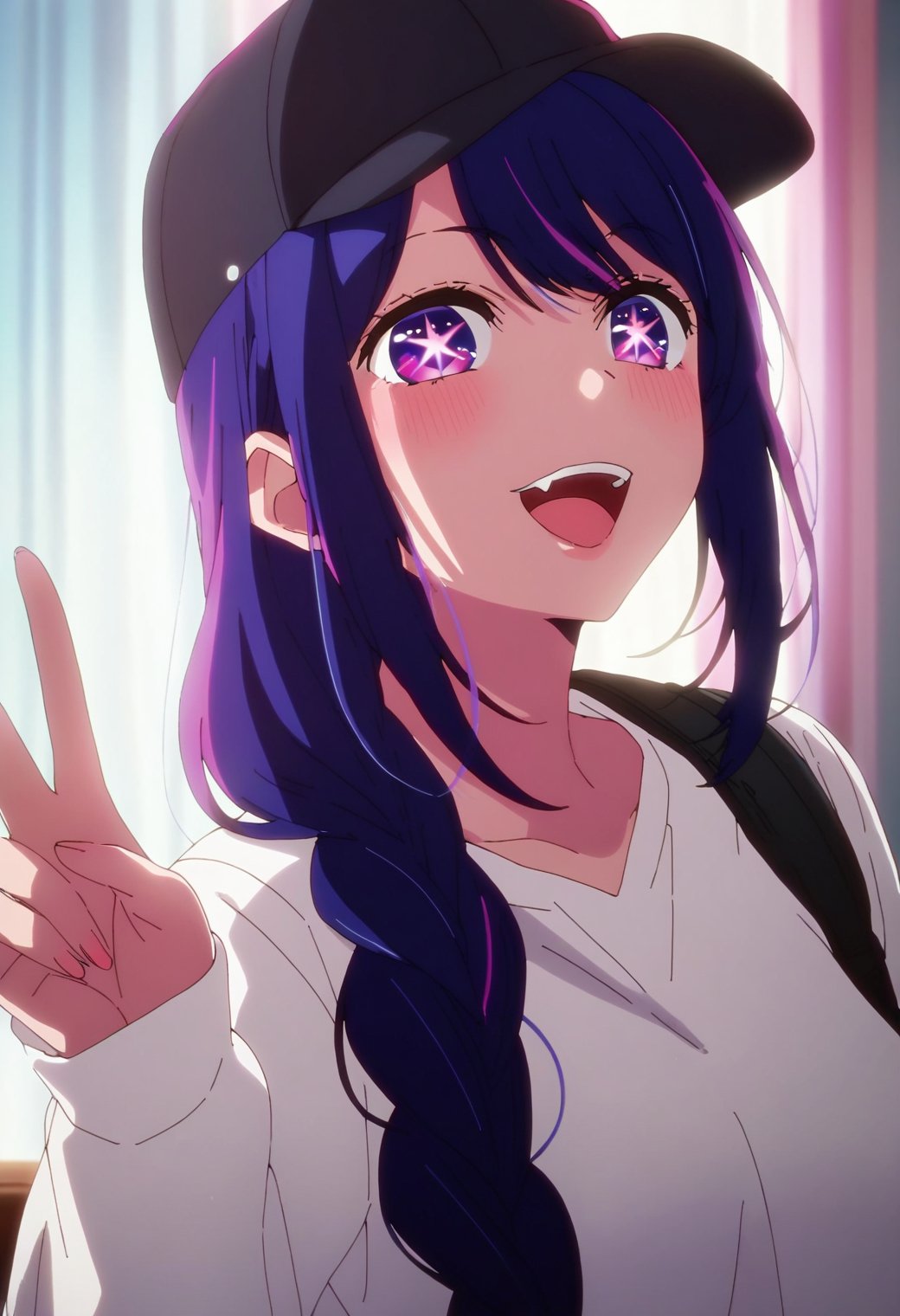 1girl, hoshinoai, solo, <lora:hoshinoai_ponyxl:0.9>, purple hair, purple eyes, long hair, star-shaped pupils, BREAKwhite shirt, baseball cap, BREAKfacing viewer, upper body, close-up, fangs, upper teeth only, v, BREAKscore_9, score_8_up, score_7_up, score_6_up, anime,(high quality, detailed, beautiful), shiny, detailed beautiful eyes, outstanding, countershading, detailed soft lighting