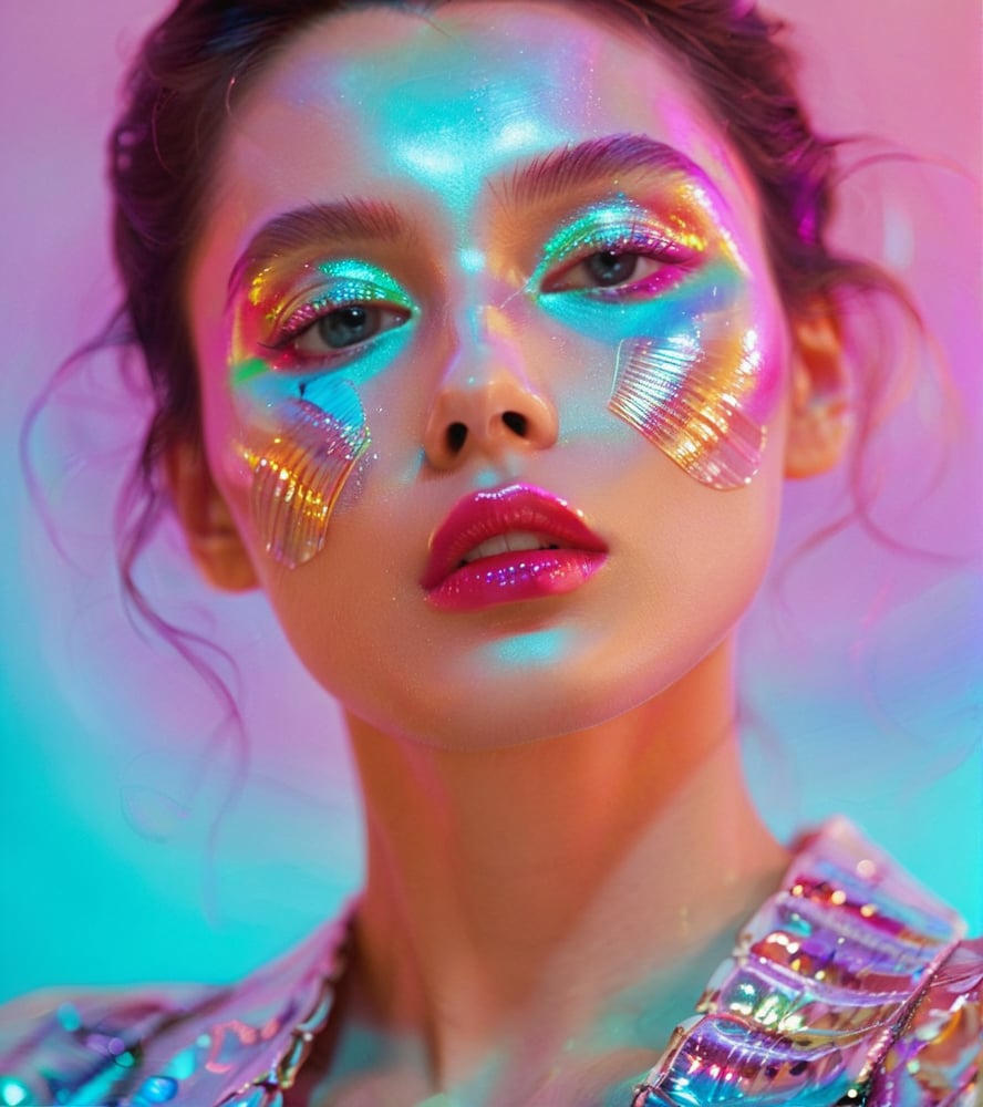 <lora:贝壳色彩-000004:0.6>,Shell rainbow color,female,model,close-up,neon lights,portrait,hd image,teal and pink background,shiny textures,glowing effect,beauty shot,modern,creative composition,high cheekbones,expressive eyes,glossy lips,metallic highlight,delicate features,blurred lens,