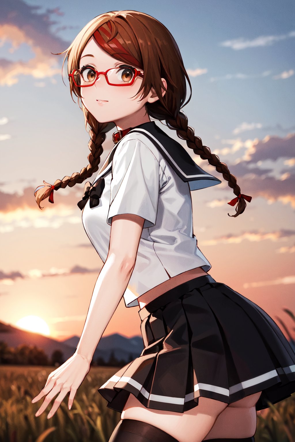 masterpiece, best quality, highres, aamisaki, twin braids, multicolored hair, brown eyes, red-framed eyewear, red collar, serafuku, sailor collar, multicolored bow, sailor shirt, white shirt, short sleeves, pleated skirt, black skirt, black thighhighs, <lora:sakimiya_misaki_v1:0.7>, sunset, from side, field