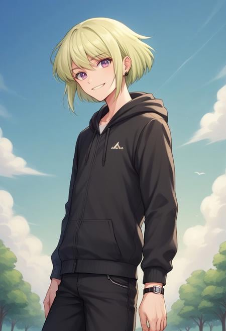 score_9, score_8_up, score_7_up, source_anime, highly detailed, lio, 1boy, male focus, purple eyes, solo, green hair, jacket, watch, wristwatch, hood, earrings, jewelry, blonde hair, black jacket, looking at viewer, androgynous, pants, hoodie, smile,day, blue sky, tree, clouds,