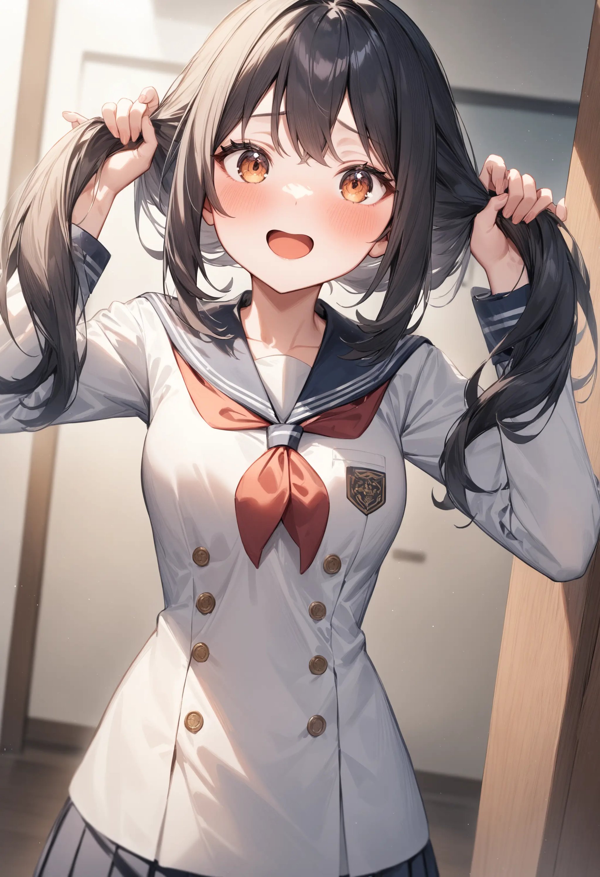 1girl, <lora:sdxl2-flat2-512b:-1>,medium breasts,school uniform,bunching hair,<lora:bunchinghair_XL_v1:0.8>dutch angle, upper body, looking up, expressionless, entrance, open mouth,masterpiece, best quality, very aesthetic, absurdres