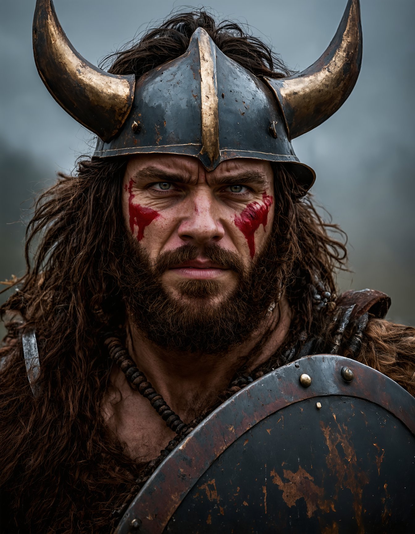 portrait, viking warrior, man, warrior face paintings and blood, detailed eyes, shallow depth of field, vignette, highly detailed, high budget Hollywood film, (best quality, 4k, 8k, highres, masterpiece:1.2), ultra-detailed, (realistic, photorealistic, photo-realistic:1.37), HDR, UHD, studio lighting, ultra-fine painting, sharp focus, physically-based rendering, extreme detail description, professional, vivid colors, bokeh, portraits, war paint, fierce expression, metal armor, weathered look, bearded, strong physique, intense gaze, androgynous, scar on face, battle scars, broad shoulders, ornate helmet, ancient runes, beads in hair, smoke in background, sword in hand, shield, stoic expression, wind-swept hair, roaring warrior, muscular build, heroic stance, foreboding atmosphere, dramatic lighting, gritty texture, contrasting shadows, fire in the eyes, tribal tattoos, swirling mist, ferocious demeanor, commanding presence, secrets in the eyes, warrior symbol, weathered background, weather-beaten face, Ultimate Realism - High Detail Enhancement.safetensors