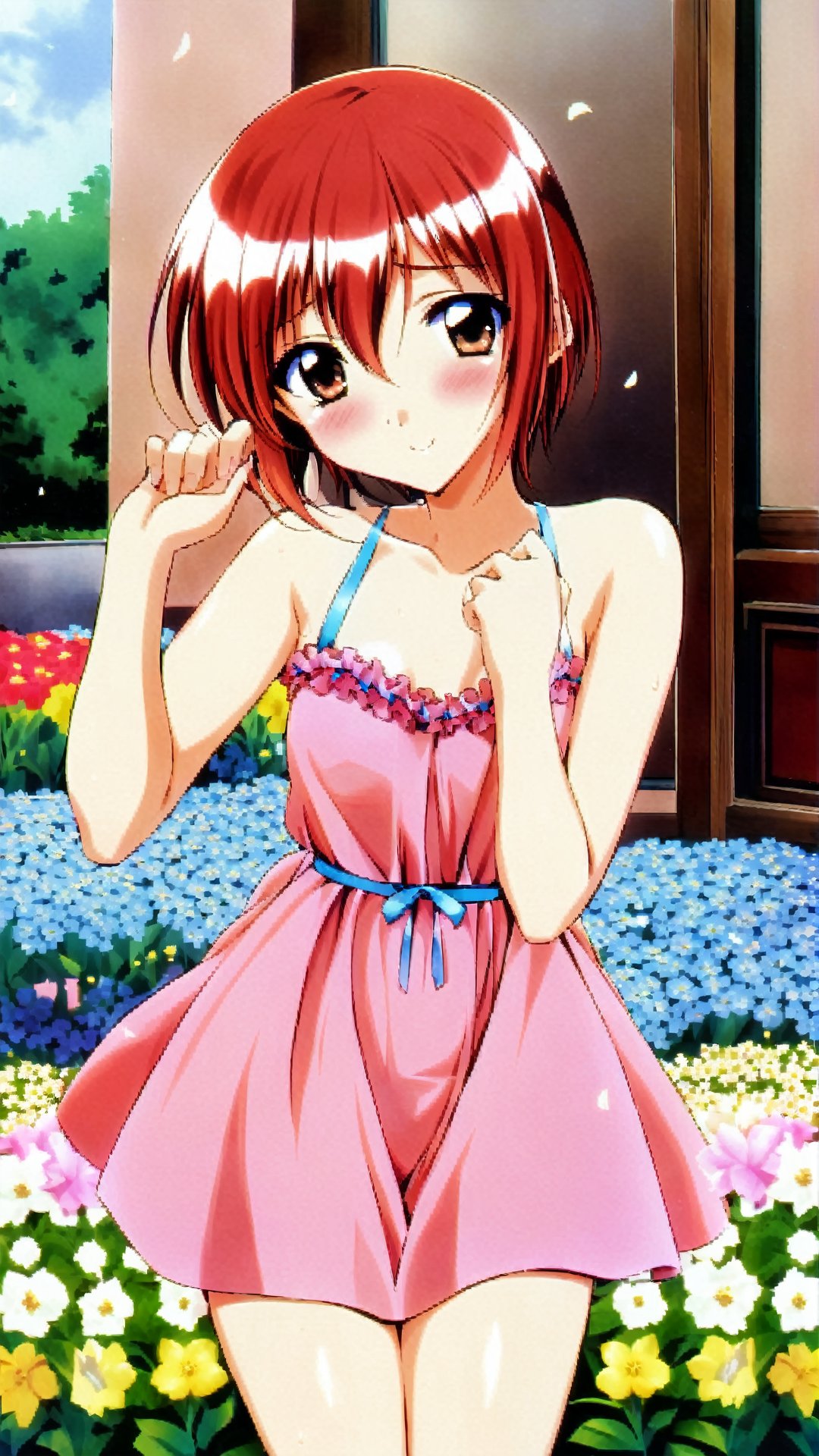 Nanase Yuu, Red Hair, Short Hair, Brown Eyes,summer dress, (nsfw), (uncensored), (score_9), score_8_up, score_7_up, score_6_up, score_5_up, source_anime, cowboy shot, dynamic pose, 1 girl, solo, happy smile joy, blush, ashamed, shy, sexy, charming, alluring, seductive, enchanting, erotic,((outdoors)), ((flower garden)), ((flowers)), ((many flowers)), spring petals, petals of flowers, spring, falling petals, flying butterflies<lora:EMS-381990-EMS:0.800000>