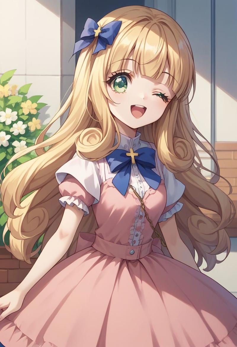 score_9, score_8_up, score_7_up, source_anime, highly detailed, 1girl, solo, cute,poporon, 1girl, one eye closed, solo, blonde hair, long hair, dress, pink dress, green eyes, bow, open mouth, wink, ribbon, ribbon on hair, blue ribbon,