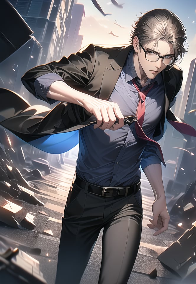 (best quality), ((masterpiece)), (highres), illustration, original, extremely detailed,1boy, male focus, solo, belt, shirt, glasses, pants, necktie, black belt, jacket, formal, short hair, red necktie, outdoors, black jacket, debris, suit