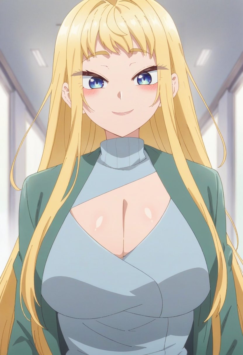 <lora:Fuyuki Minami:1> minami fuyuki,  long_hair, blue_eyes, bangs, blonde_hair, ahoge, 1 girl, solo, blush, large_breasts,smile     , cleavage,green_ jacket , clothing_cutout, cleavage_cutout , turtleneck, blue_sweater, score_9, score_8_up, score_7_up, score_6_up, score_5_up, score_4_up ,BREAK source_anime, anime