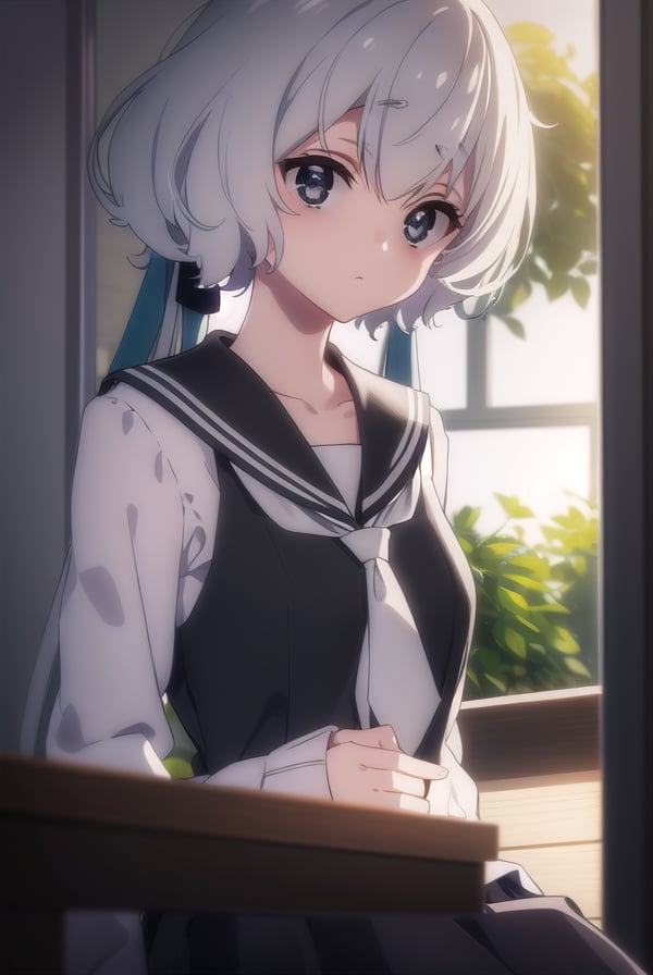 junkokonno, <lora:junko konno s2-lora-nochekaiser:1>,junko konno, low twintails, (black eyes:1.5), twintails, white hair,BREAK sailor dress, serafuku, skirt, school uniform, white necktie, necktie, long sleeves,BREAK looking at viewer, full body,BREAK indoors, classroom,BREAK <lyco:GoodHands-beta2:1>, (masterpiece:1.2), best quality, high resolution, unity 8k wallpaper, (illustration:0.8), (beautiful detailed eyes:1.6), extremely detailed face, perfect lighting, extremely detailed CG, (perfect hands, perfect anatomy),