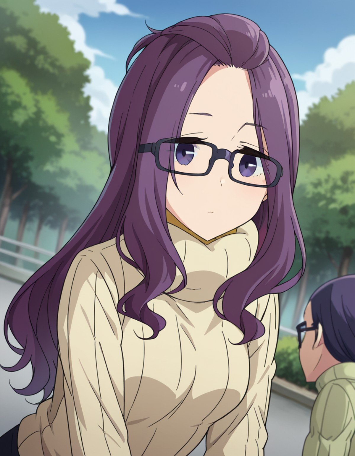 score_9, score_8_up, score_7_up, source_anime,sakurakagamihara, <lora:sakura-kagamihara-s1s2-ponyxl-lora-nochekaiser:1>,sakura kagamihara, long hair, purple eyes, purple hair, glasses, black-framed eyewear, bangs pinned back,long sleeves, sweater, turtleneck, ribbed sweater, turtleneck sweater, pants, denims,outdoors, nature, bent over,looking at viewer, dutch angle, cowboy shot,