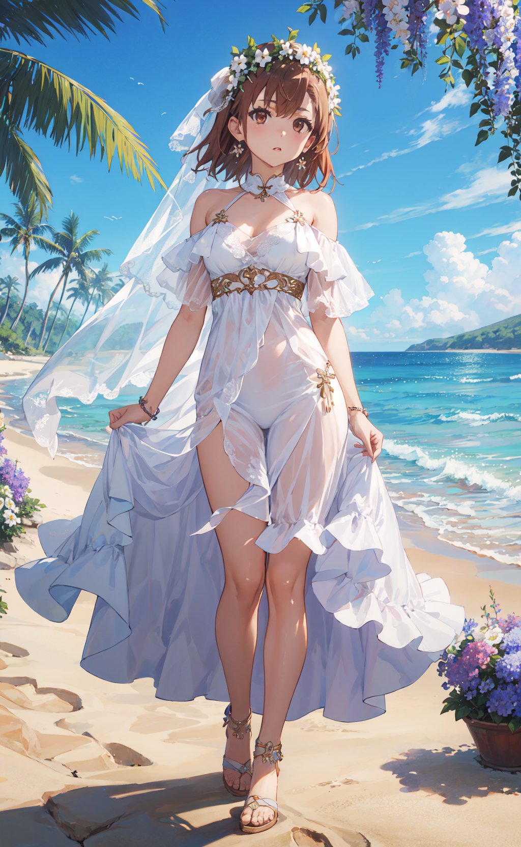 <lora:Misaka-000001:0.8>,Misaka CYQL,1girl,looking at viewer,solo,brown hair,short hair,hair ornament,hairclip,hair flower,brown eyes,(Bohemian_wedding_gown:1.4),(Flower_crown:1.3),(Barefoot_sandals:1.2),(Beachside_ceremony_background:1.4),Lavender, Roses, Hollyhocks, Climbing vines, Cottage charm, Bees buzzing,(expressionless:1.2),(bust:1.1),front view,beautiful detailed sky,beautiful detailed glow,posing in front of a colorful and dynamic background,masterpiece,best quality,beautiful and aesthetic,contrapposto,female focus,wallpaper,