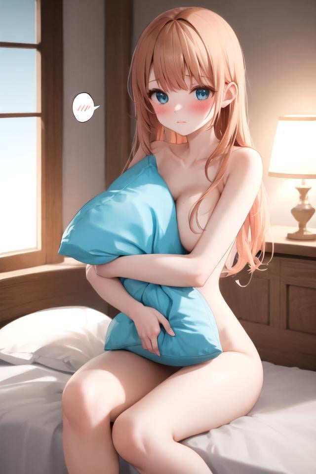 masterpiece, best quality, absurdres, extremely detailed, illustration, cute, perfect lighting, 1girl, solo, <lora:pillow_v3-000010:1>, pillow hug, on bed, spoken blush, sitting, nude, large breasts, 