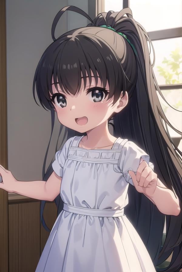 hinatakanashi, <lora:hina takanashi s1-lora-nochekaiser:1>,hina takanashi, long hair, black hair, (black eyes:1.3), ponytail, antenna hair, child, smile, open mouth,BREAK dress, yellow dress, short sleeves,BREAK indoors,BREAK looking at viewer, (cowboy shot:1.5),BREAK <lyco:GoodHands-beta2:1>, (masterpiece:1.2), best quality, high resolution, unity 8k wallpaper, (illustration:0.8), (beautiful detailed eyes:1.6), extremely detailed face, perfect lighting, extremely detailed CG, (perfect hands, perfect anatomy), 