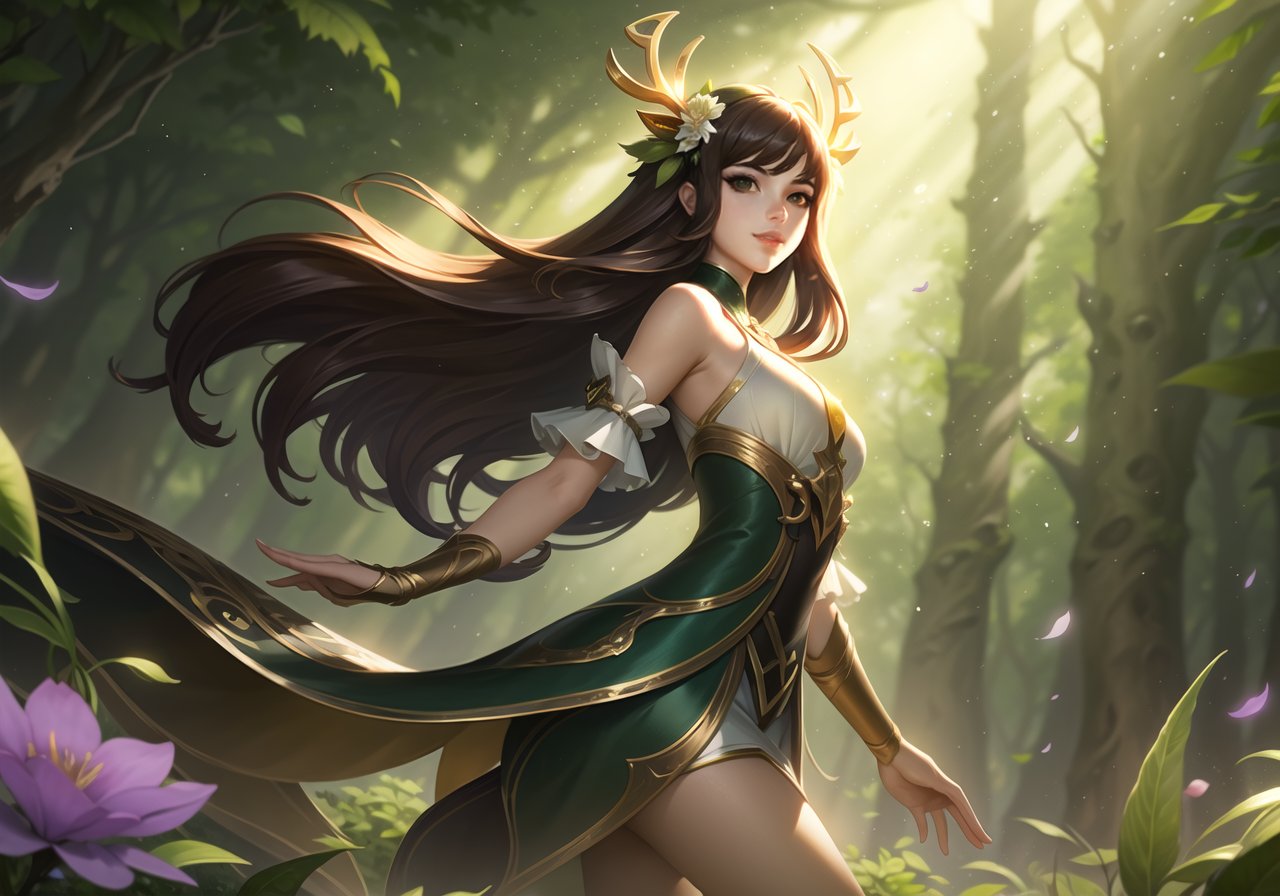 masterpiece, best quality,top quality,(wide shot:0.95),Dynamic angle,1 girl,solo,antlers,looking at viewer,brown hair,long hair,green theme,flower,(forest in background:1.2),sunshine,depth_of_field,particle effects,<lora:【moba】lol淘宝款:0.8>,