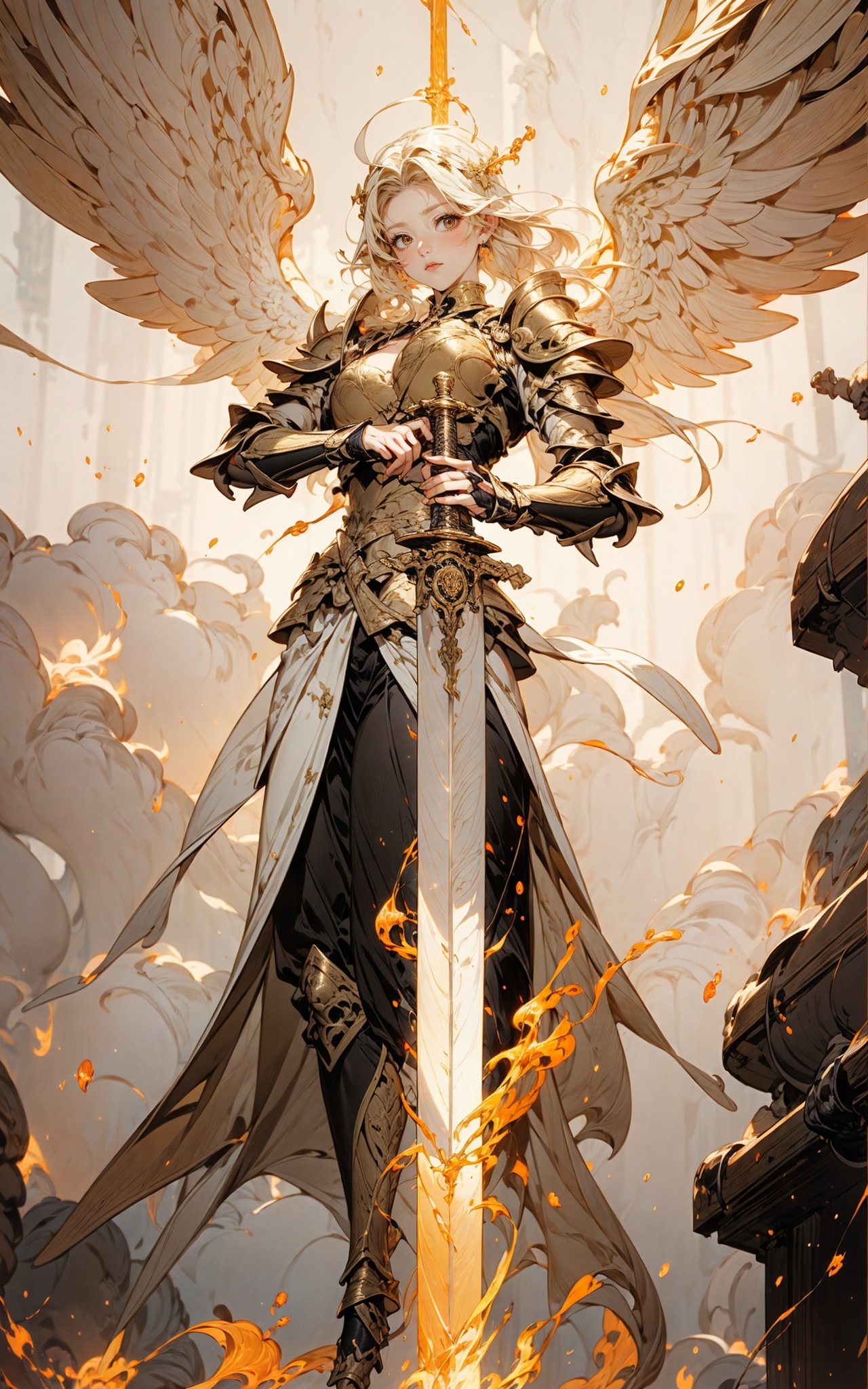 angel,Super powerful flame angel flies out of the clouds, behind him is golden meteor magic surrounding his body, Gothic style, gorgeous golden armor, huge flame great sword, rich background, sword art background, film shooting, depth of field, Super visual, Super visual ,<lora:绪儿-巨剑大天使V2 angel:0.8>