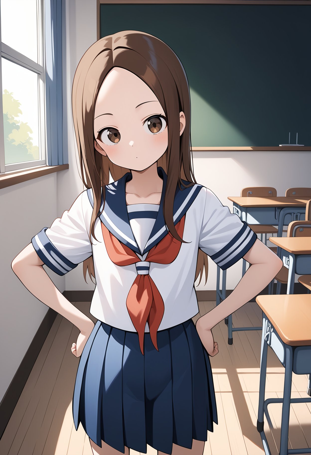 score_9, score_8_up, score_7_up, score_6_up, score_5_up, score_4_up, source_anime, aatakagi, solo, long hair, brown hair, parted bangs, collarbone, serafuku, sailor collar, red neckerchief, white shirt, short sleeves, pleated skirt, blue skirt, <lora:takagi-san_ponyxl_v1:0.9>, standing, classroom, :o, hands on own hips, 