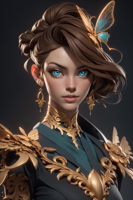 3dmm style,8k portrait of beautiful cyborg with brown hair, intricate, elegant, highly detailed, majestic, digital photography, art by artgerm and ruan jia and greg rutkowski surreal painting gold butterfly filigree, broken glass, (masterpiece, sidelighting, finely detailed beautiful eyes: 1.2), hdr,, masterpiece, best quality,