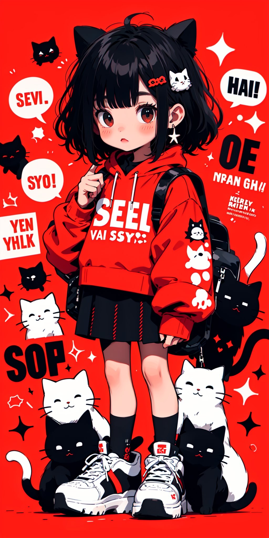 1girl,red eyes,red background,hood,backpack,cat,red hoodie,drawstring,black hair,shoes,hood down,hoodie,long sleeves,solo,bag,holding,hair ornament,english text,socks,earrings,white footwear,bangs,looking at viewer,jewelry,sneakers,standing,full body,skirt,medium hair,black socks,hairclip,red theme,speech bubble,sleeves past wrists,animal,short hair,black skirt,romaji text,, masterpiece,high quality,