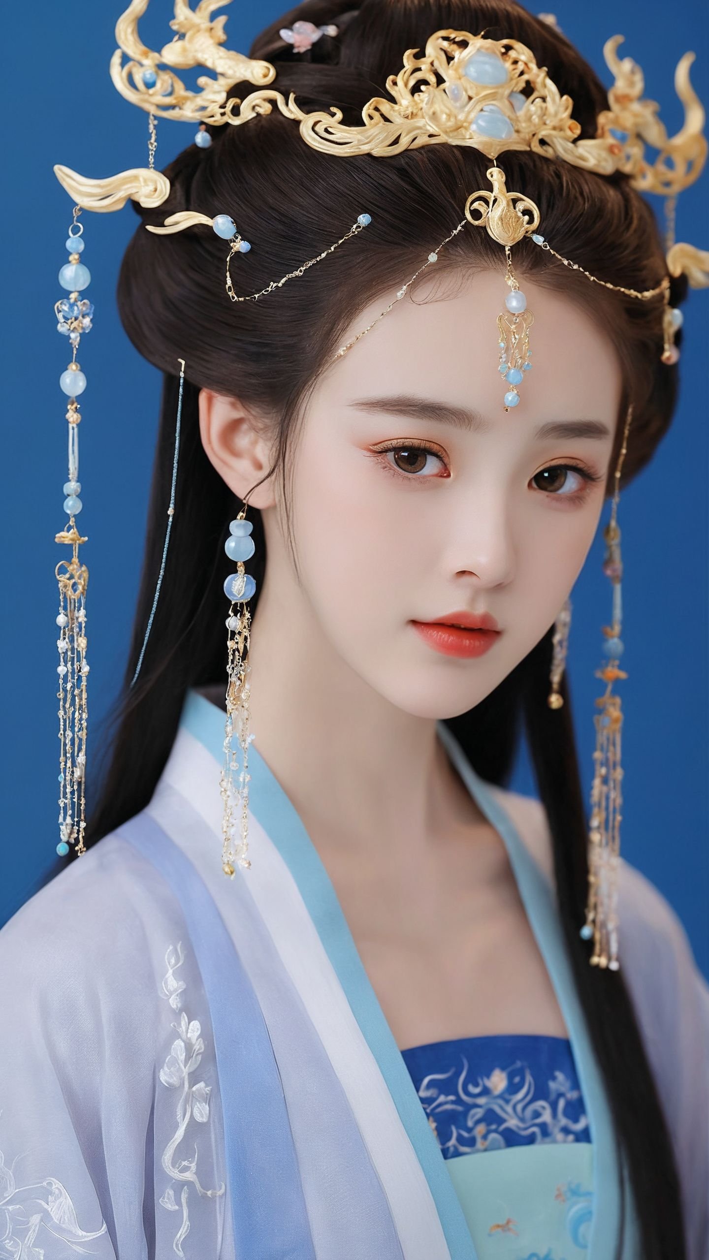 Realistic,Masterpiece,18 - year - old,Masterpiece, the best quality, perfect official art, animation style, (Masterpiece :1.3), the best quality, animation works, girls, delicate beautiful face,long eyes, delicate beautiful features, high cold, long hair, Hanfu, national wind, horn, belt, blue dress,Dragon pattern,crown, hair accessories, exquisite hair accessories, Hanfu, delicate Hanfu, piercing eyes,