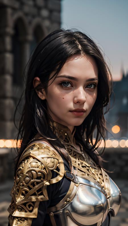 Portrait of a girl, the most beautiful in the world, (medieval gold armor), metal reflections, upper body, outdoors, intense moonlight, far away castle, professional photograph of a stunning woman detailed, perfect bobbed sexy intense black hair, sharp focus, dramatic, award winning, cinematic lighting, volumetrics dtx, (film grain, blurry background, blurry foreground, bokeh, depth of field, perfect night, interaction, Perfect chainmail), (masterpiece), (extremely intricate:1.3), (realistic), HDR+