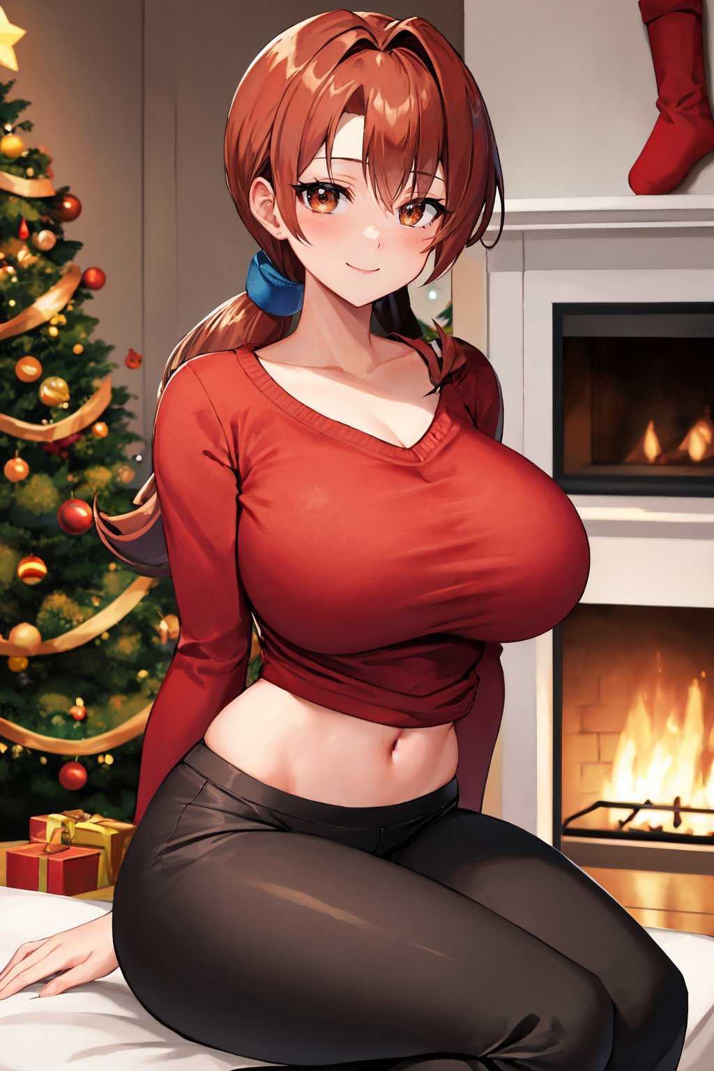 masterpiece, best quality, <lora:pkmndelia-nvwls-v1-000009:0.9> pkmnDelia, ponytail, large breasts, red sweater, cable-knit sweater, smile, couch, fireplace, black sweatpants, wide hips, christmas tree, sitting