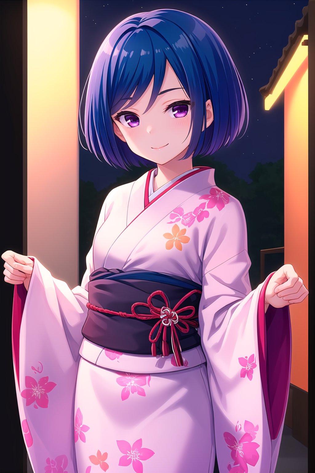 (masterpiece, best quality), highly detailed background, perfect lightingbest quality, akasegawamaki, solo, outdoors, night, summer festival, blue hair, swept bangs, bob cut, short hair, purple eyes, small breasts, black kimono, floral print, japanese clothes, smile, closed mouth, :), pink lips, <lora:Akasegawa-Maki-2-10:0.7>