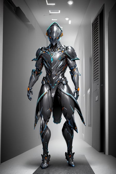 (masterpiece, best quality, high quality, absurdres), (1boy, man, robot, humanoid, symmetry, solo, highly detailed design, good body), (thick neck, broad shoulders), (detailed helmet, detailed suit),((dark:1.5, hallway, fog)), (full body, from the front), <lora:VoltV1:0.7>