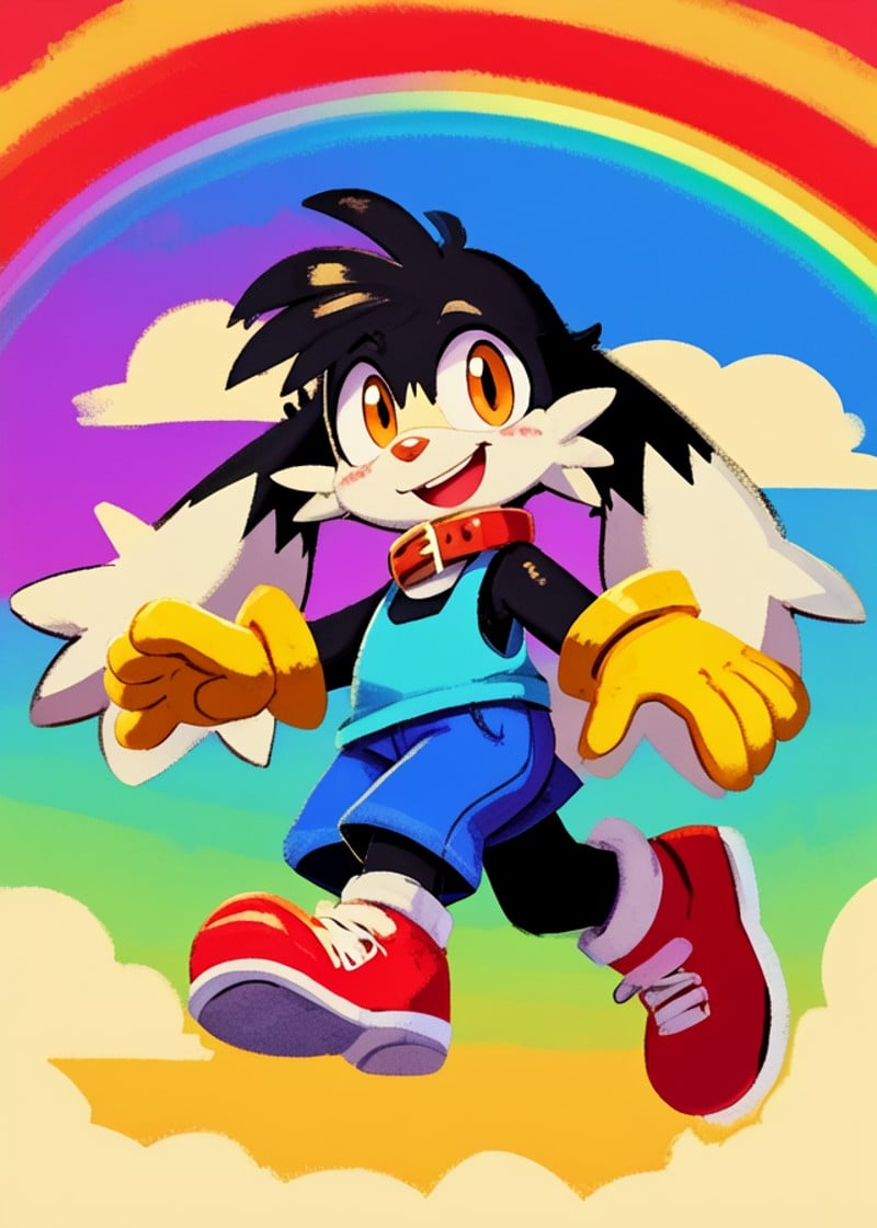 (by Velveteksotica, by Pipilotti Rist), (toony klonoa:1.25), black body, orange eyes, (blue clothing, red collar), red shoes, yellow glove, running, looking at viewer, three-quarter view, BREAK, rainbow, cloud scape, plant, star-shaped background, colorful, masterpiece, best quality, light, 4k, 2k, photography