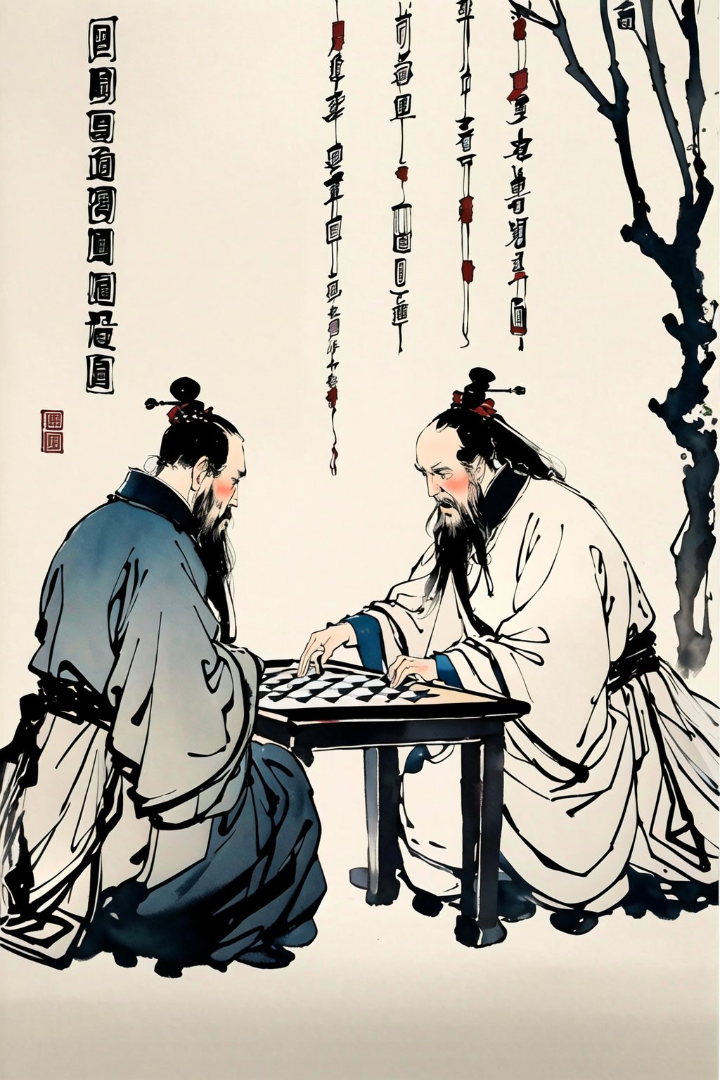 <lora:水墨元素:1>,ancient figures in china,play chess,chinese ink and wash painting,enjoyable,