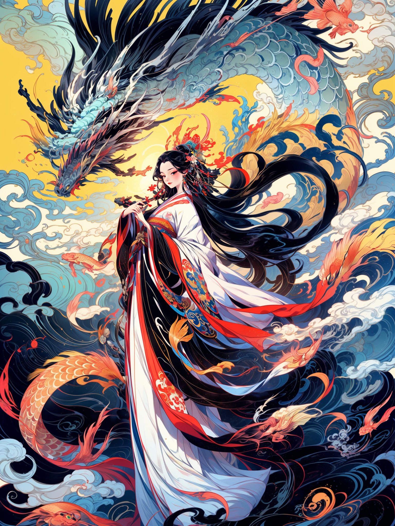 HTTP,HTTP2, 1girl, long hair, black hair, hanfu, waves, eastern dragon, dragon, solo, very long hair, fine art parody, sun, fish<lora:HTTP_20231214132158:1> <lora:more_details:0.6>