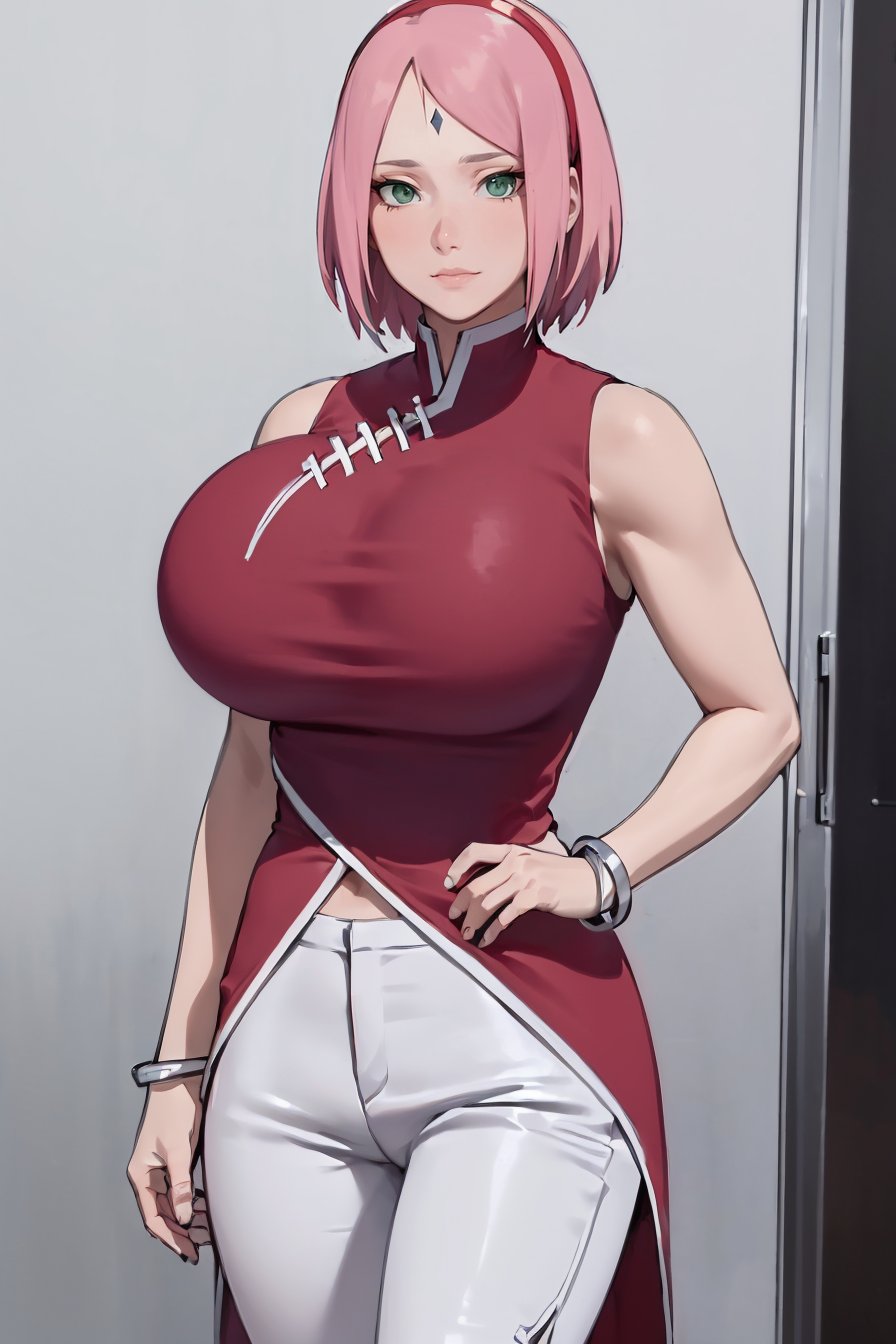 masterpiece, best quality, highres, perfect face, 1girl, solo, haruno sakura, huge breasts, (breast implants, fake tits, unaligned breasts, perfectly round breasts), SFW, fully clothed, (red sleeveless dress, red hairband, forehead mark, bracelets, white pants), standing, cowboy shot, looking at viewer, <lora:Implants2:1>  <lora:Sakura2(Boruto):0.75>