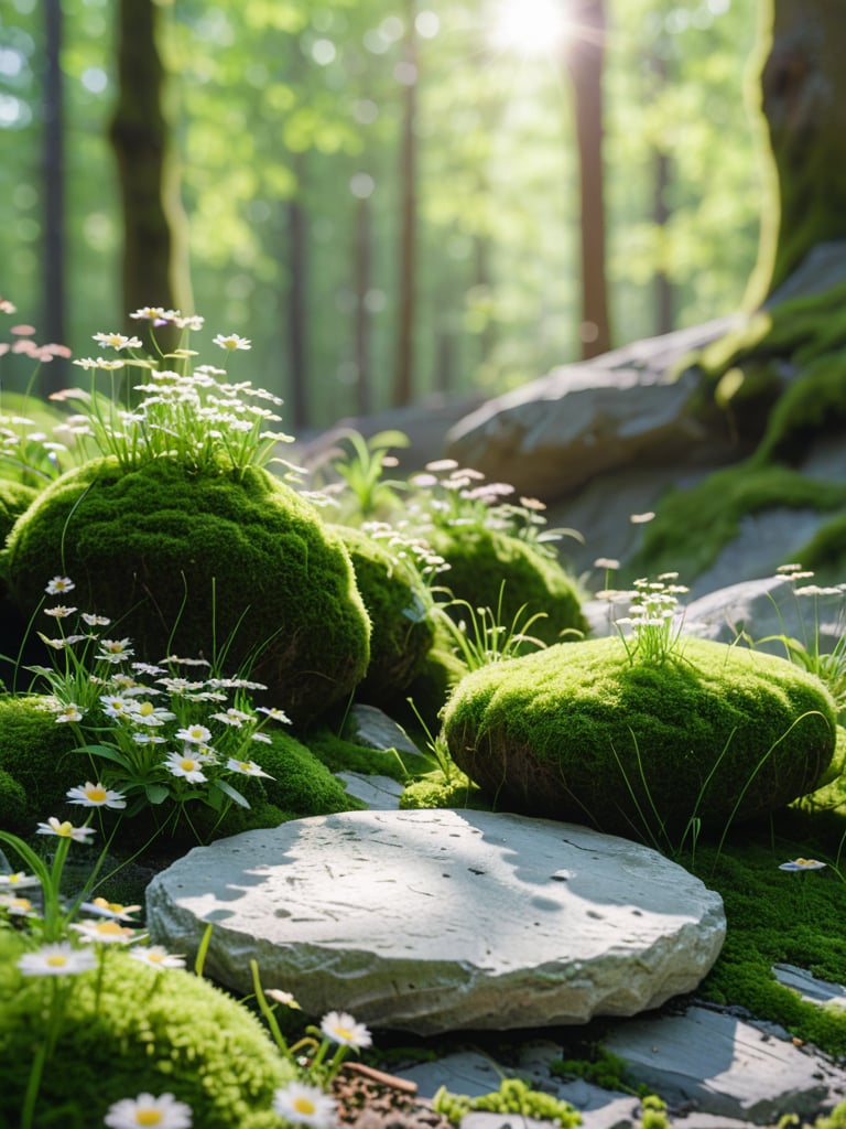 anansl,flat round stone slab,forest,moss,no humans,nature,flower,outdoors,scenery,tree,day,grass,depth of field,sunlight,plant,blurry background,