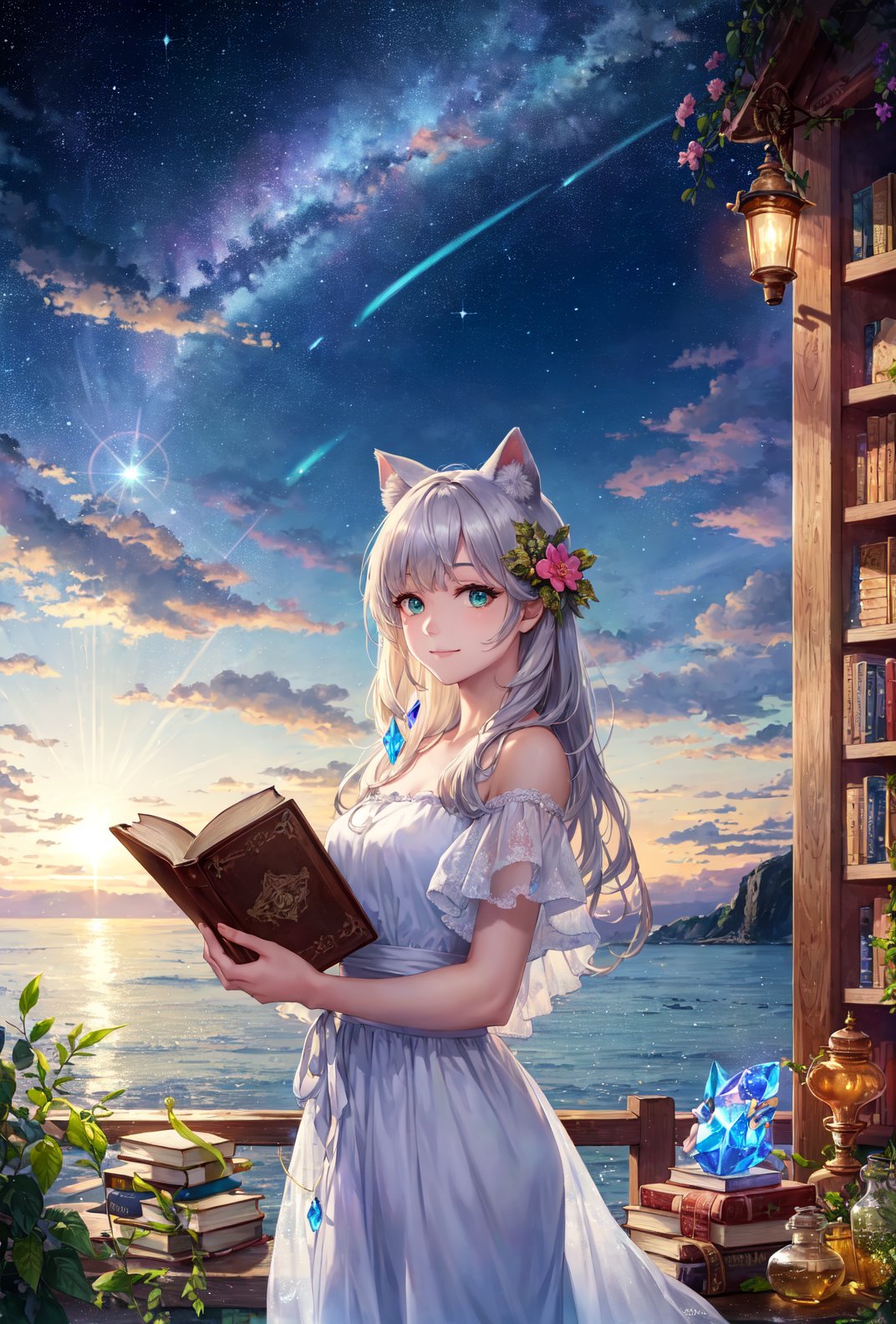 (bloom, best quality, masterpiece:1.4), ultra high res, amazing, (realistic:1.48), 1girl, solo, shoot sky view, swept back hair, detailed pupils, blue sky, books, many crystals in wooden chest, ultra detailed moss green eyes, (scenery), (lens flare:1), realistic shadows, meteor shower, very detailed background, bookshelf, book stack, 1 girl cat ears silver long hair, (bottles sphere:0.5), golden light, mana light, star trail, outdoors library, light from above, photorealism lighting ,(detailed lighting), (bioluminescence:1.2), soft lighting colorful, beach scenery, ray light, white gown, golden light, (crystal daylight:0. 6), botanical ornaments, botanical books, potion in glass bottle, light smile