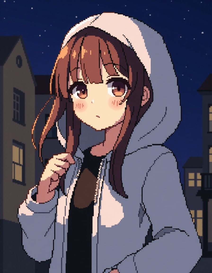 <lora:NeoPixelArt_V2:1>pixelart, 1girl, brown hair, long hair, brown eyes, hood, outdoors, night, smile, closed mouth, long sleeves, bangs, jacket, solo