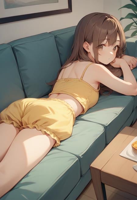 score_9, score_8_up, score_7_up, score_6_up, source_anime,  <lora:bunny_cute_suit_v0.9-pony:1.0> 1girl,yellow bloomers, yellow camisole, brown hair, long hair, brown eyes, lying, on stomach, sofa,