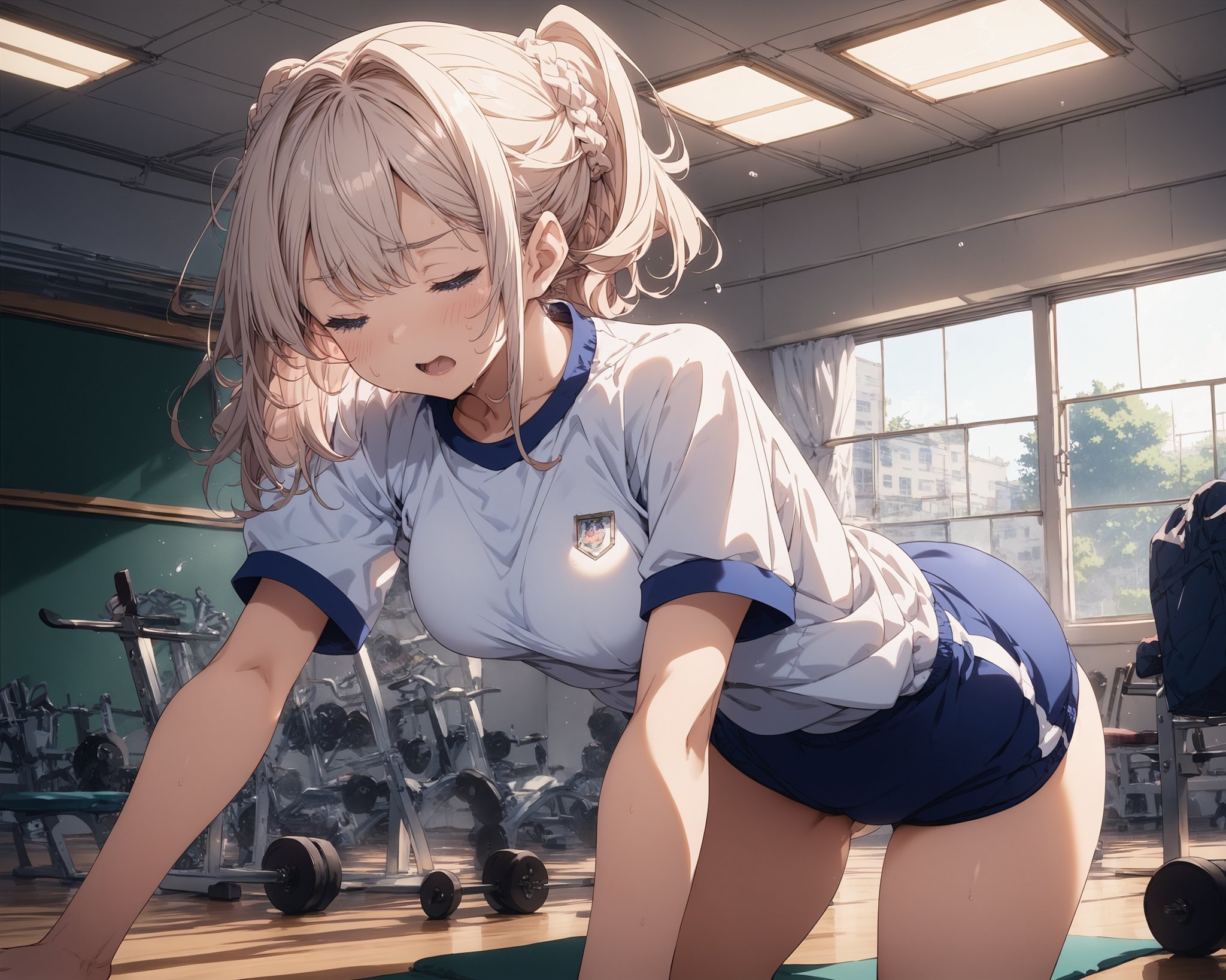 score_9,score_8_up,score_7_up,source_anime,masterpiece,best_quality,highres,absurdres,BREAK1girl,gym_uniform,leaning_forward,sweatdrop,indoors,school_gym,