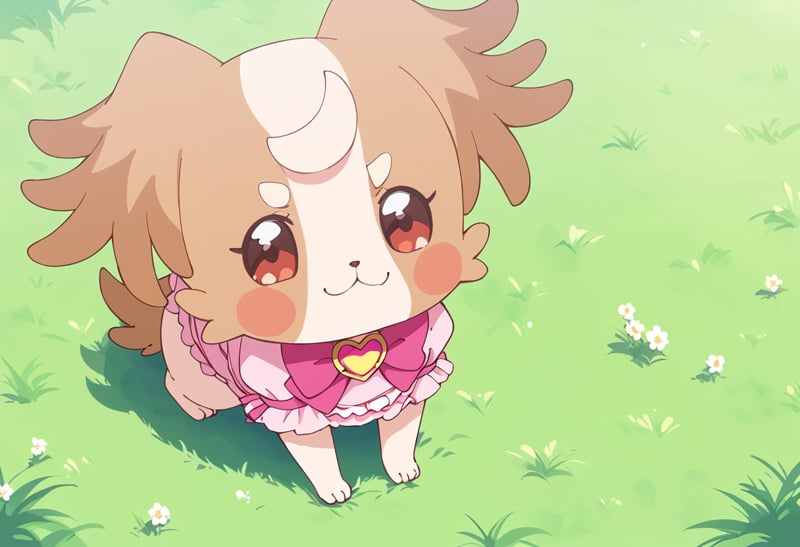 score_9, score_8_up, score_7_up, source_anime, BREAKkmg-dog, :3, solo, no humans, grass, red eyes, blush stickers, closed mouth, looking at viewer, smile, pink bow, v-shaped eyebrows, full body, animal focus, blush, shadow, green background, pink dress, dog tail, brown tail, 1other, outdoors, pink bowtie, dog, pink neckwear, lying, from above, barefoot, creature, brown eyes, sitting, dog ears, short sleeves, frilled dress, on ground, on grass, heart brooch, day, clothed animal<lora:cure_wonderful_inukai_komugi_sdxl_locon_pony_v1:0.7>