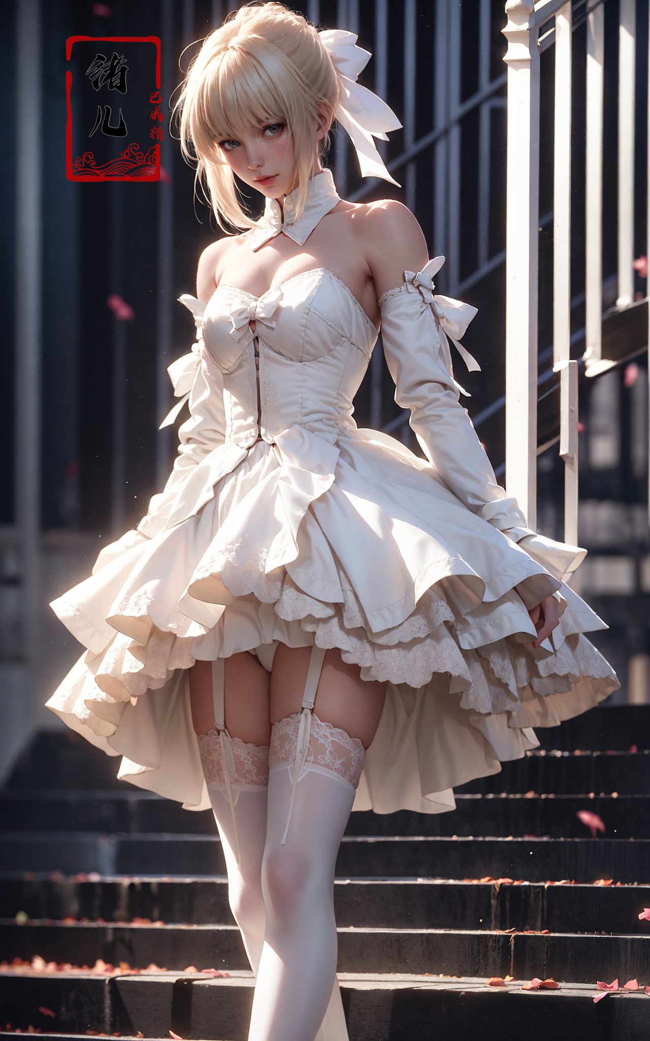 Saber，1girl, white garter belt，white dress，bow，platinum blonde hair，<lora:绪儿-Saber:0.8>