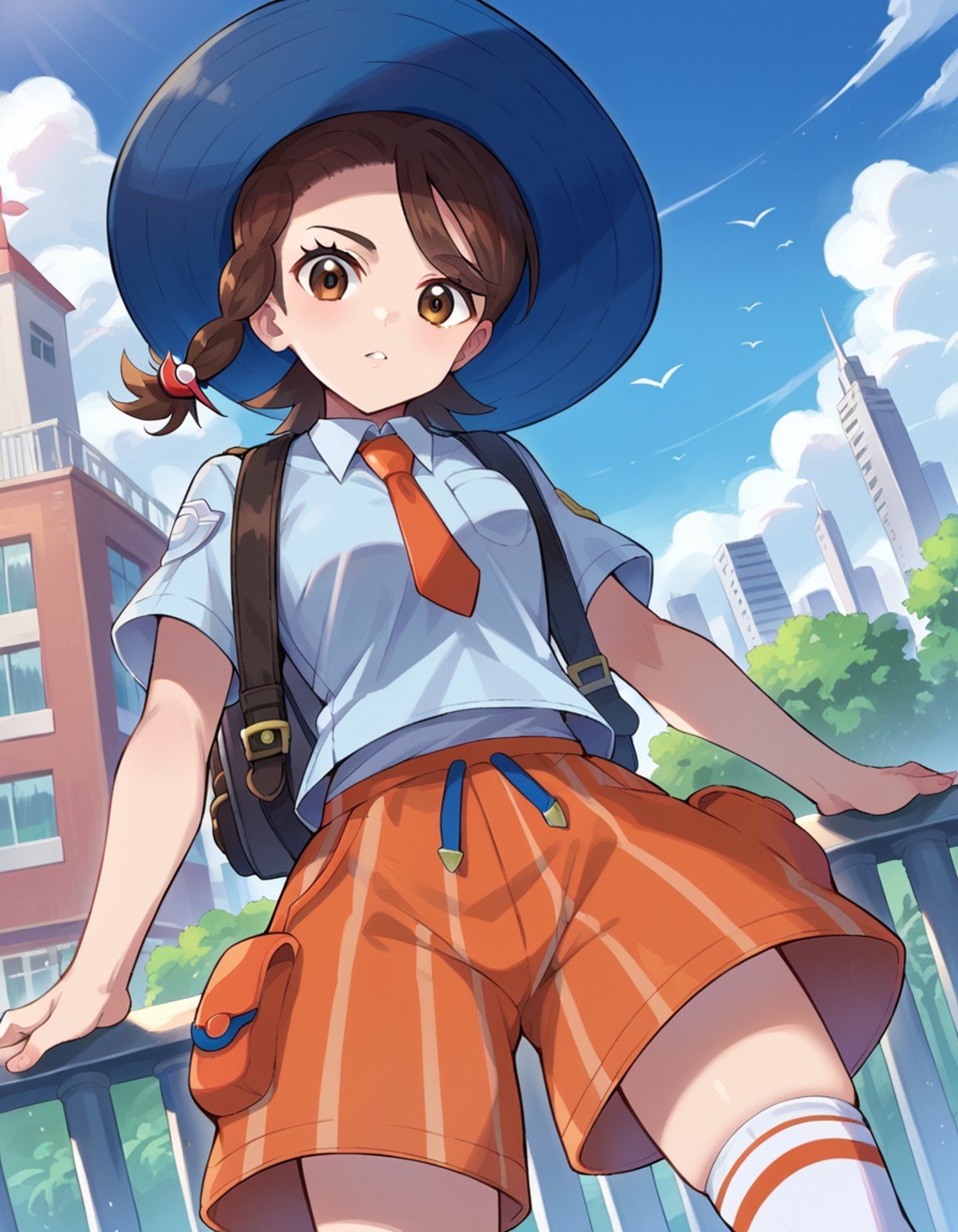 score_9, score_8_up, score_7_up, source_anime,pokemonjuliana, <lora:pokemon-juliana-ponyxl-lora-nochekaiser:1>pokemonjuliana, braid, brown eyes, brown hair, hair ornament, hairclip, side braid, single braid, swept bangs,backpack, bag, blue headwear, blue shirt, breast pocket, collared shirt, hat, kneehighs, naranja academy school uniform, necktie, orange necktie, orange shorts, pocket, school uniform, shirt, short sleeves, shorts, socks, striped, striped shorts, sun hat, white socks,outdoors, cityscape,looking at viewer, cowboy shot, dutch angle,