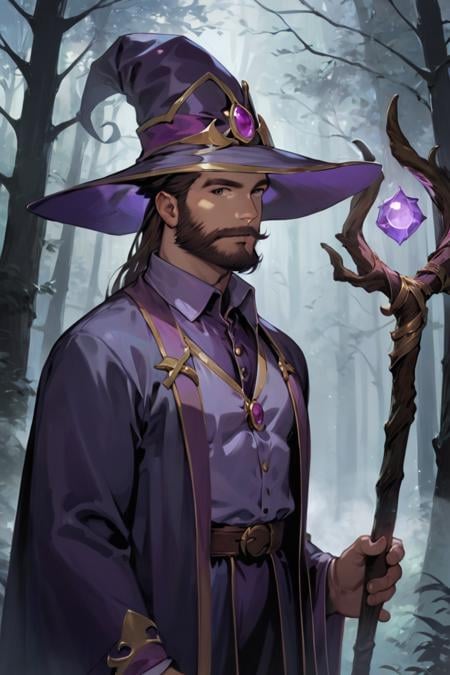 score_9, score_8_up, score_7_up, rating_safe, 1boy, solo, male focus, mature male, wizard, long hair, brown hair, black eyes, looking at viewer, hat, facial hair, beard, mustache, staff, wizard hat, purple hat, shirt, collared shirt, robe, purple robe, cloak, holding, holding staff, upper body, standing, outdoors, forest, nature, tree, fog, dark background <lora:Anime Summer Days 2 Style SDXL_LoRA_Pony Diffusion V6 XL:0.8>