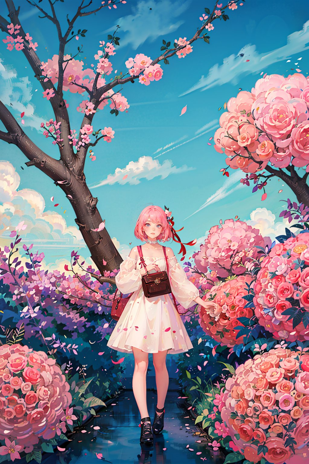 TT,flower,1girl,pink hair,pink flower,tree,ribbon,wide shot,leaf,cloud,red ribbon,gradient,cherry blossoms,gradient background,short hair,branch,