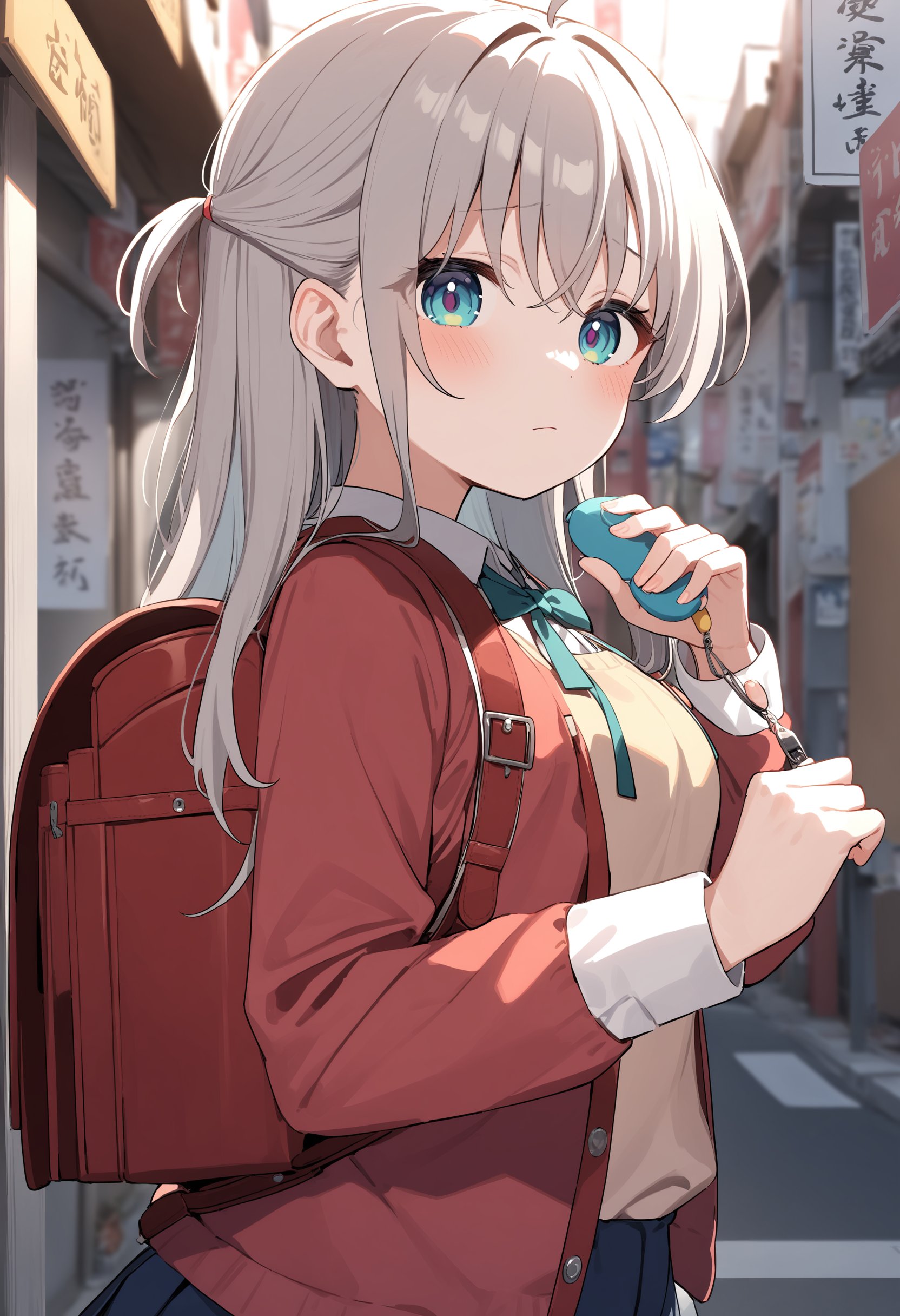 1girl,sincos, ningen mame, toosaka asagi,solo,medium breasts,school uniform,crime prevention buzzer, holding, looking at viewer, hands up, randoseru, backpack,<lora:crimepreventionbuzzer_XL_v1:0.8>from side, panorama shot, looking at viewer, gray hair, silver eyes,bored, Akihabara city, closed mouth, half updo hair,,best quality, very aesthetic, absurdres,