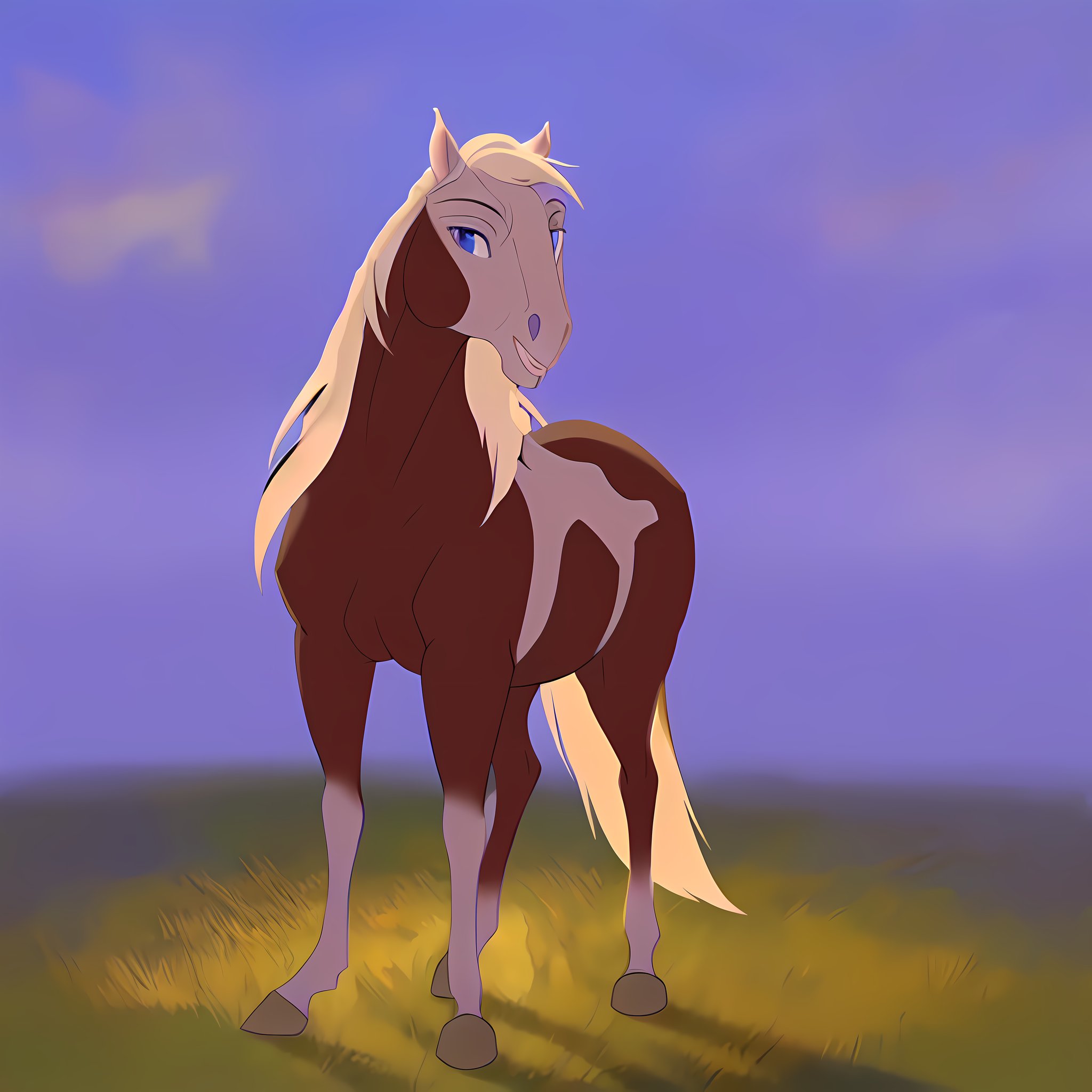 1horse, sorrel tovero paint horse, a pale blonde mane and tail, and crystal blue eyes, with eagle feather in her mane, (best quality, masterpiece), (one color background), (dark background), (((fur))), (flat background),  <lora:rain_from_spirit2002:1>, full body, ((mane on the one side))