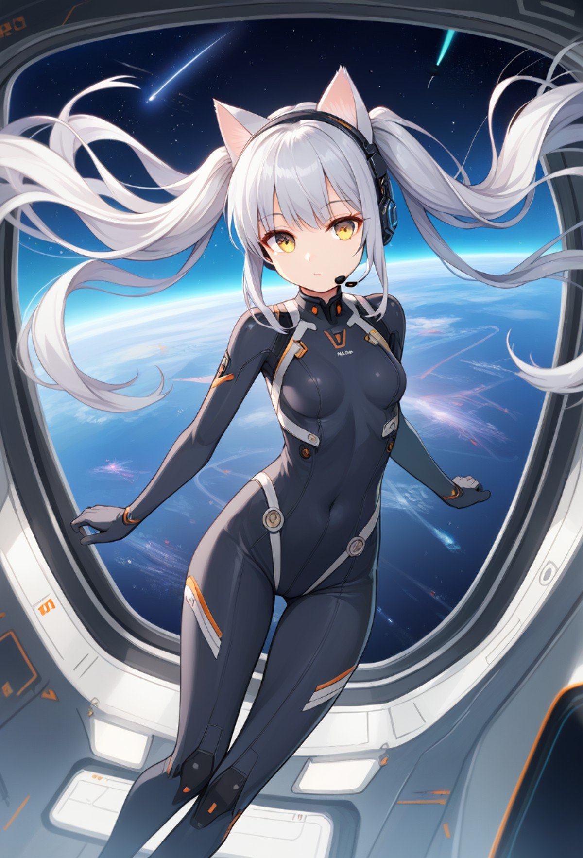 1girl, score_9, spacecraft interior, science fiction, yellow eyes, twintails, silver hair, cat ears, looking at viewer, headset, floating hair, long hair, bodysuit, floating, space, shooting star, 