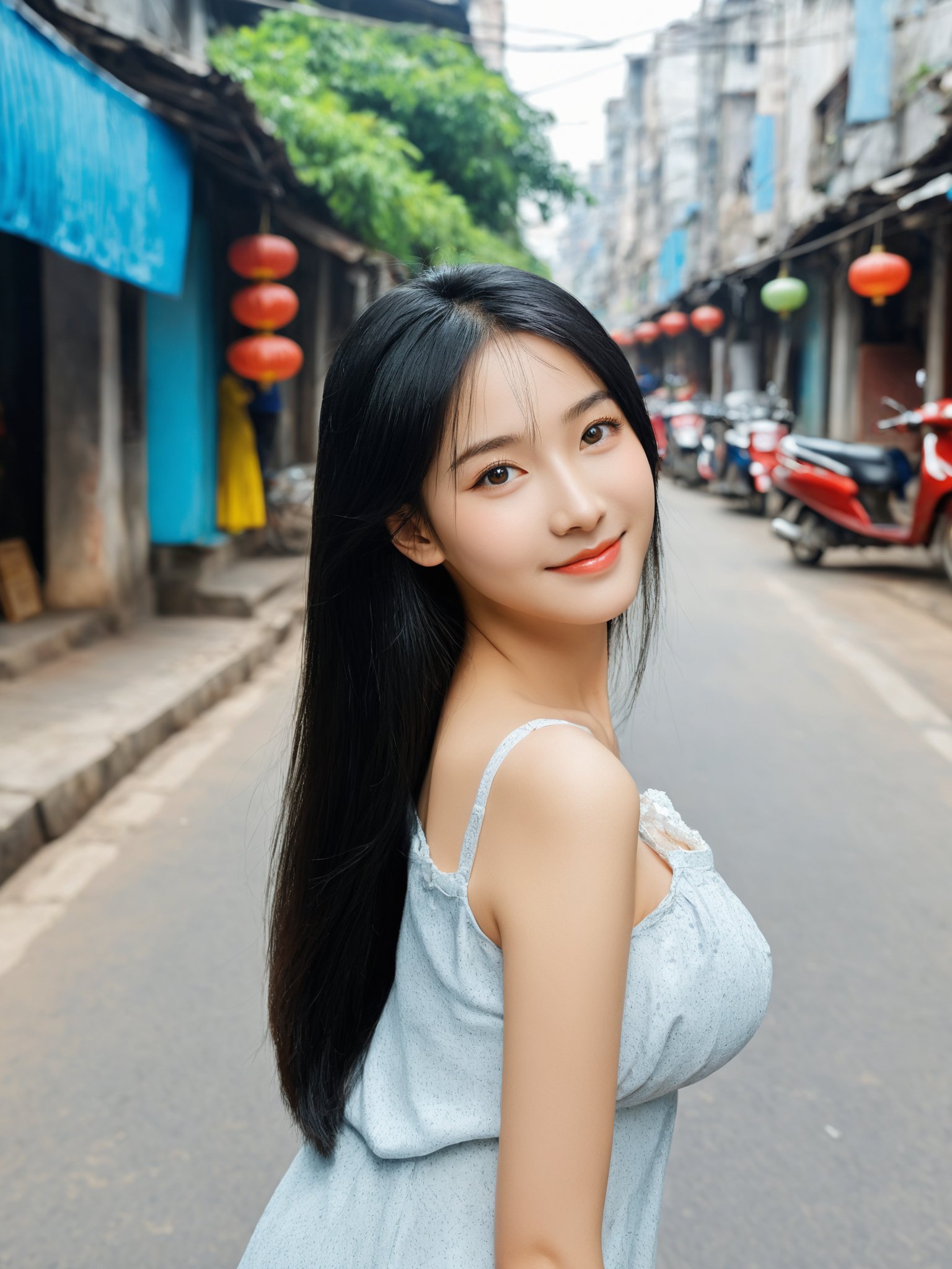 masterpiece, best quality, realistic, photo, real, incredibly_absurdres, Ultra HD,Affectionately looking at you,8K,UHD,in the vietnamese city street, full body, arms behind head,arms behind back , bust photo,The 20-year-old vietnamese girl,She has black hair. The lines of her face are soft and smooth. Her skin is as fair as snow, soft and delicate, and her eyes are bright and bright, deep and mysterious, making people feel endless charm and appeal. The eyebrows are slender and graceful, the nose is straight and noble, the lips are rosy and seductive, and the slightly raised angle reveals confidence and elegance. Her facial features are delicate and three-dimensional, with well-defined contours, like a fine painting or a finely carved work of art. The overall feeling is gentle, elegant, noble and full of charm.masterpiece, best quality, realistic, photo, real, absurdres, incredibly_absurdres, huge_filesize, bust, girl, kawaii, adorable girl, bishoujo, ojousama, idol, student, long hair, black hair, beautiful detailed eyes, looking at viewer, seductive smile, black eyes, large breasts, arms behind back ,